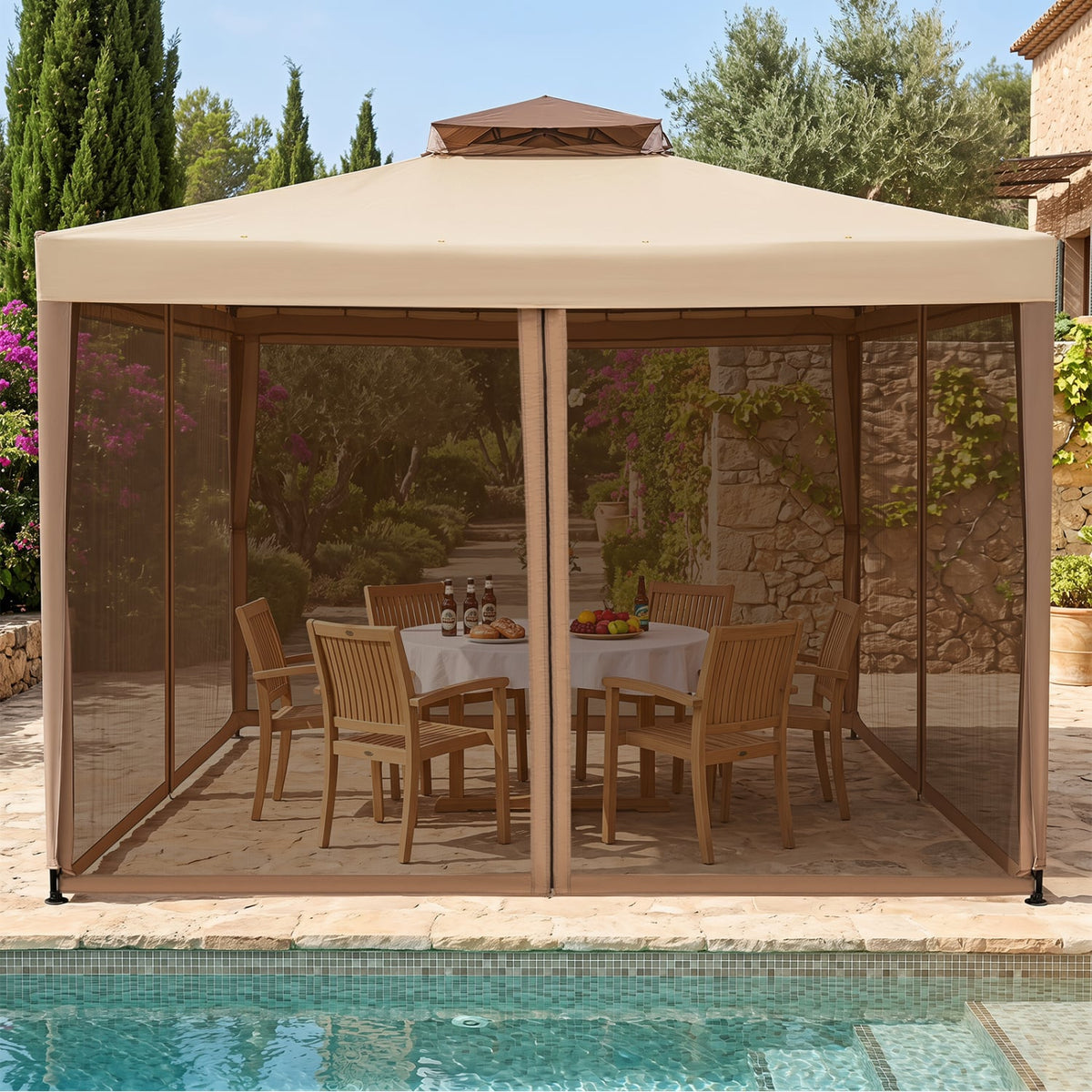 10 x 10 Feet Patio Canopy Gazebo with Neting and Double Tiered Roof-Yellow-Gazebos-DECOROLALA