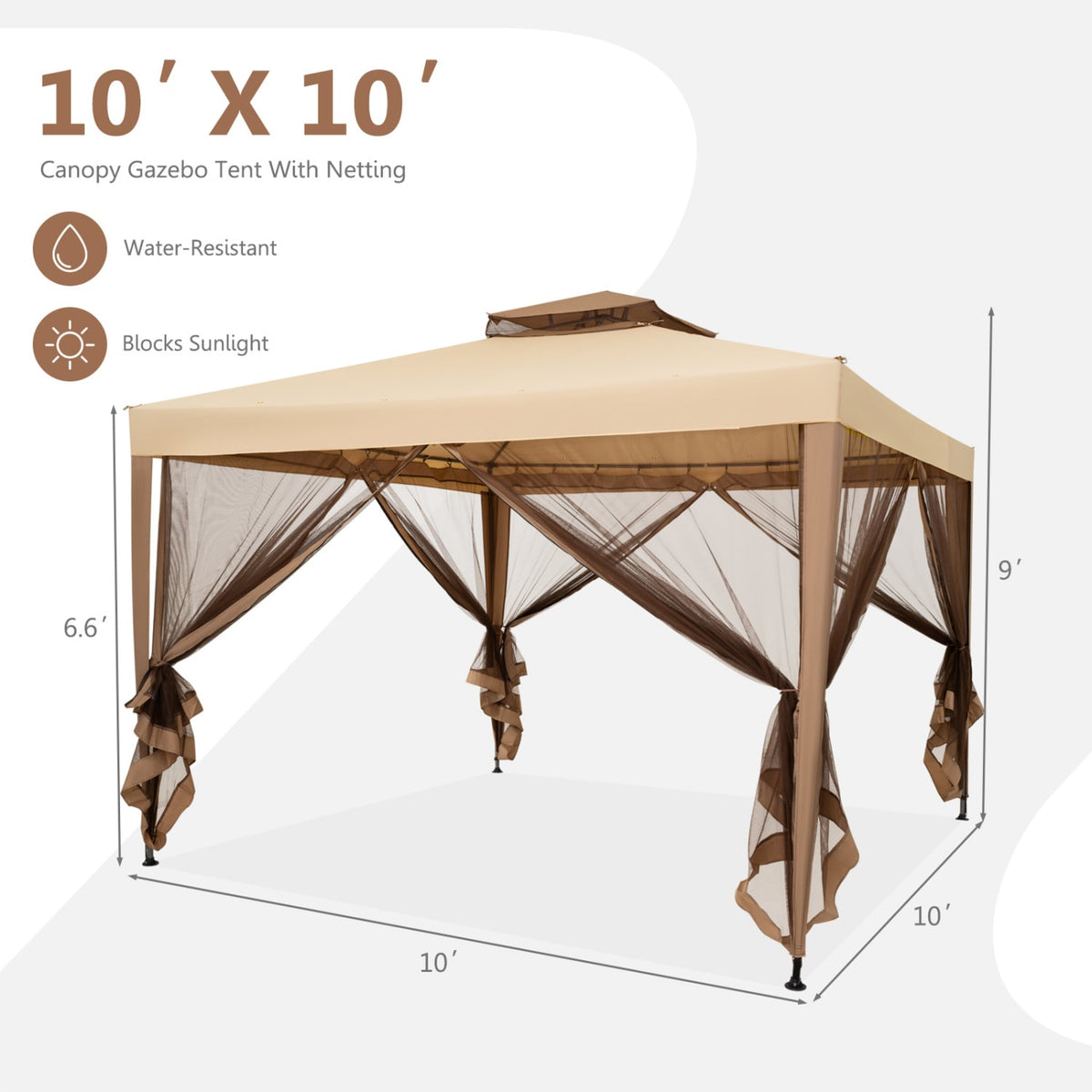 10 x 10 Feet Patio Canopy Gazebo with Neting and Double Tiered Roof-Yellow-Gazebos-DECOROLALA