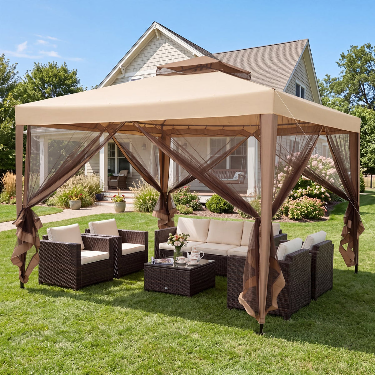 10 x 10 Feet Patio Canopy Gazebo with Neting and Double Tiered Roof-Yellow-Gazebos-DECOROLALA