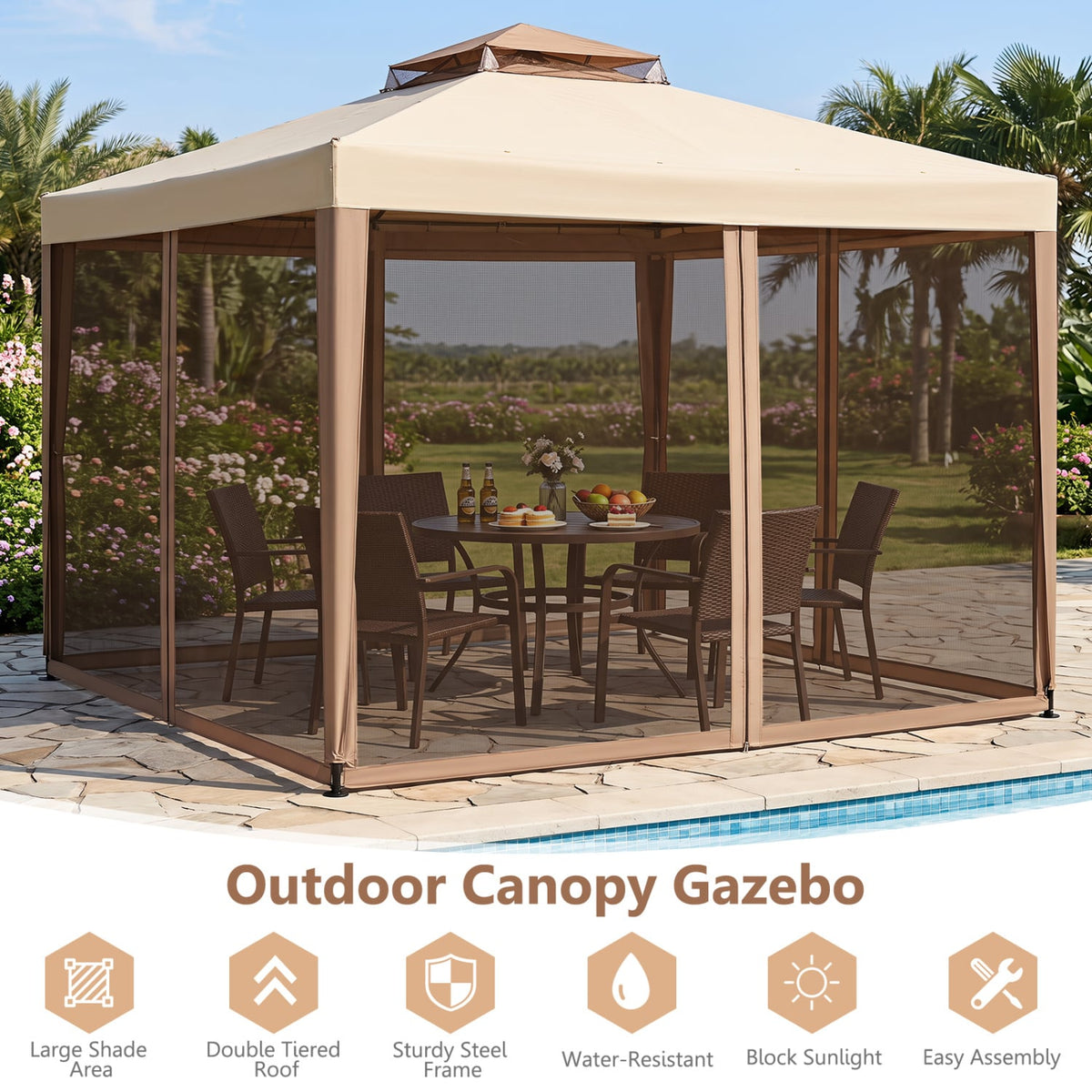 10 x 10 Feet Patio Canopy Gazebo with Neting and Double Tiered Roof-Yellow-Gazebos-DECOROLALA