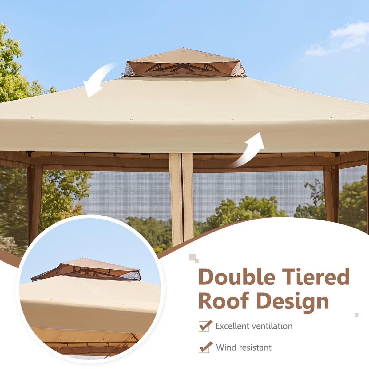 10 x 10 Feet Patio Canopy Gazebo with Neting and Double Tiered Roof-Yellow-Gazebos-DECOROLALA