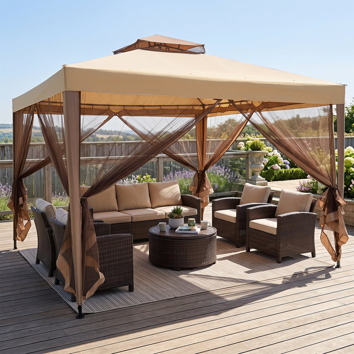 10 x 10 Feet Patio Canopy Gazebo with Neting and Double Tiered Roof-Yellow-Gazebos-DECOROLALA