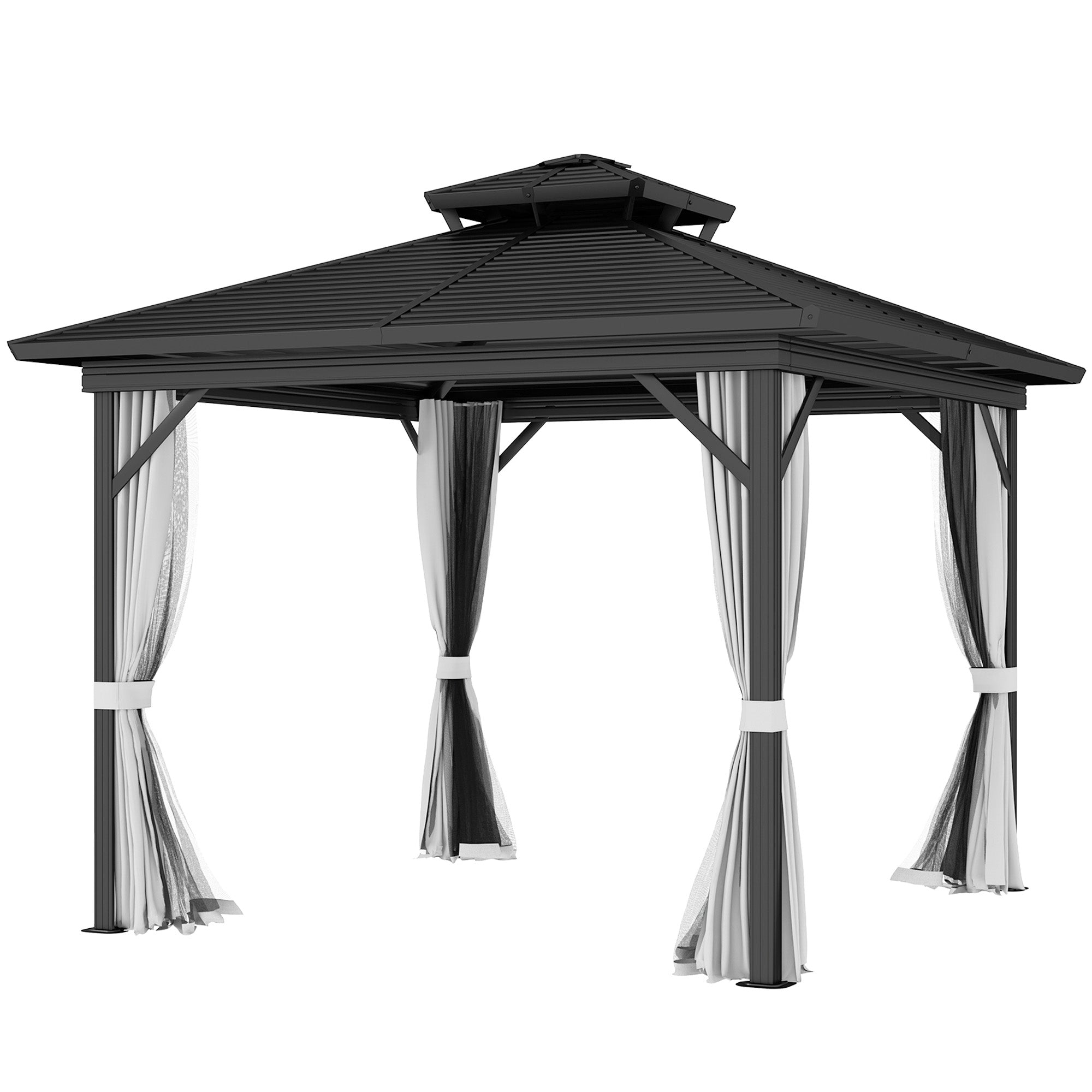 10' x 10' Hardtop Gazebo - Double Tier Metal Roof Light Grey-DECOROLALA