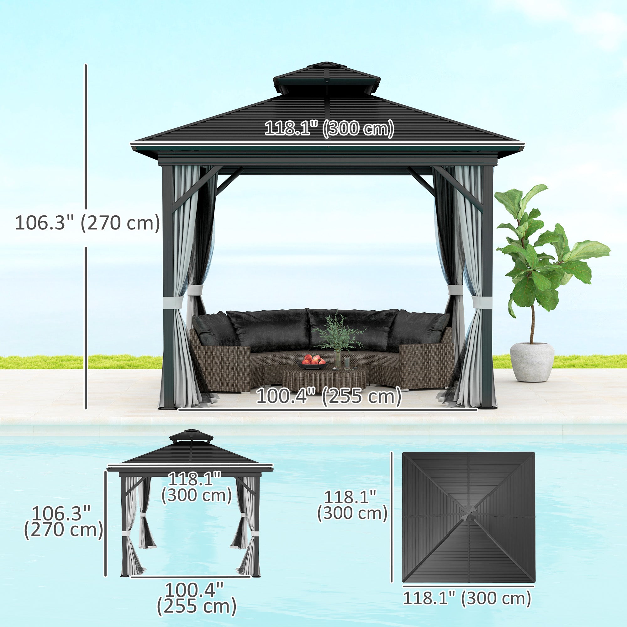 10' x 10' Hardtop Gazebo - Double Tier Metal Roof Light Grey-DECOROLALA