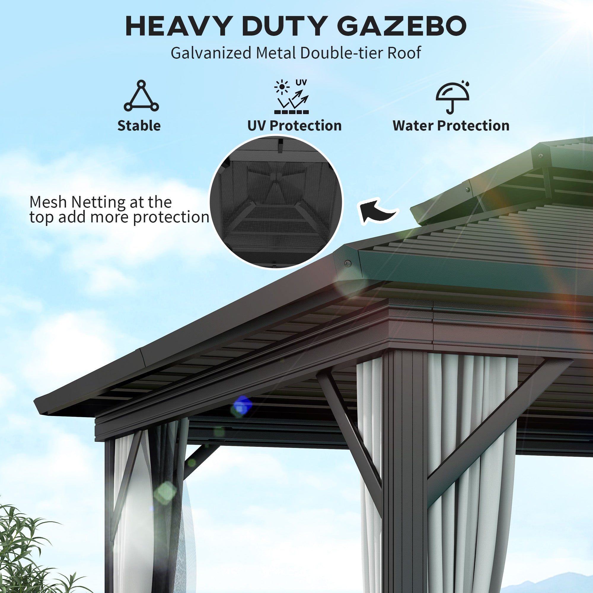 10' x 10' Hardtop Gazebo - Double Tier Metal Roof Light Grey-DECOROLALA