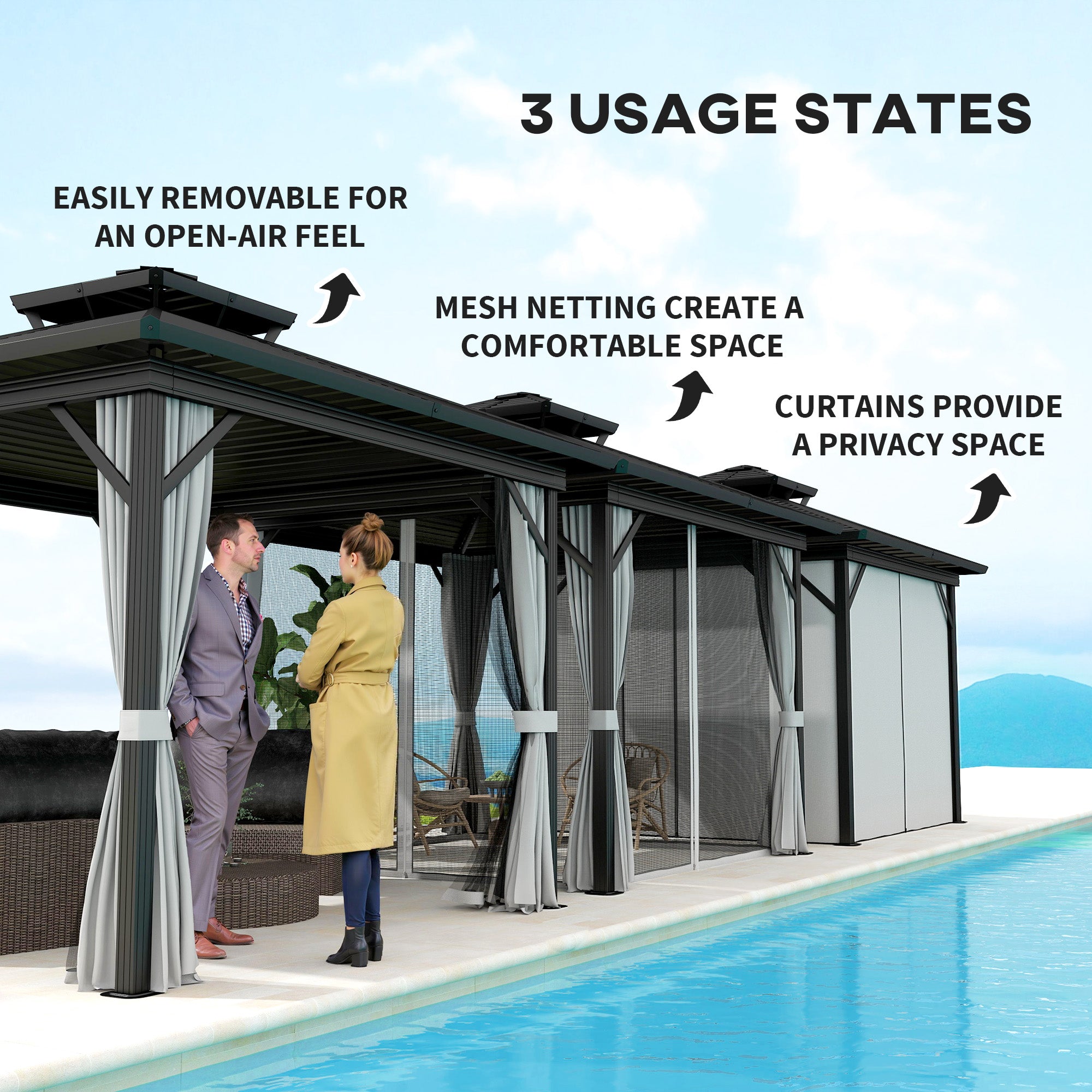 10' x 10' Hardtop Gazebo - Double Tier Metal Roof Light Grey-DECOROLALA