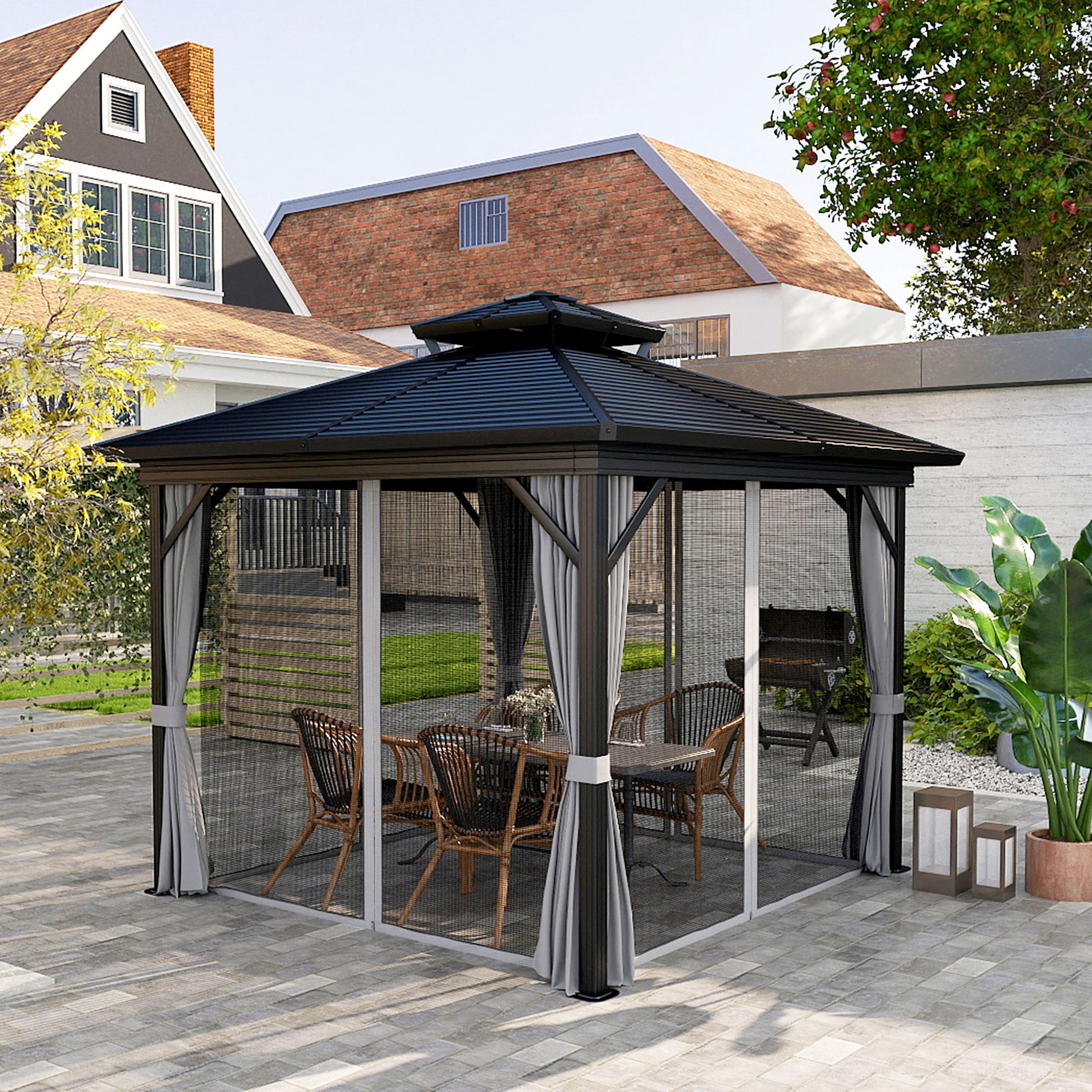 10' x 10' Hardtop Gazebo - Double Tier Metal Roof Light Grey-DECOROLALA
