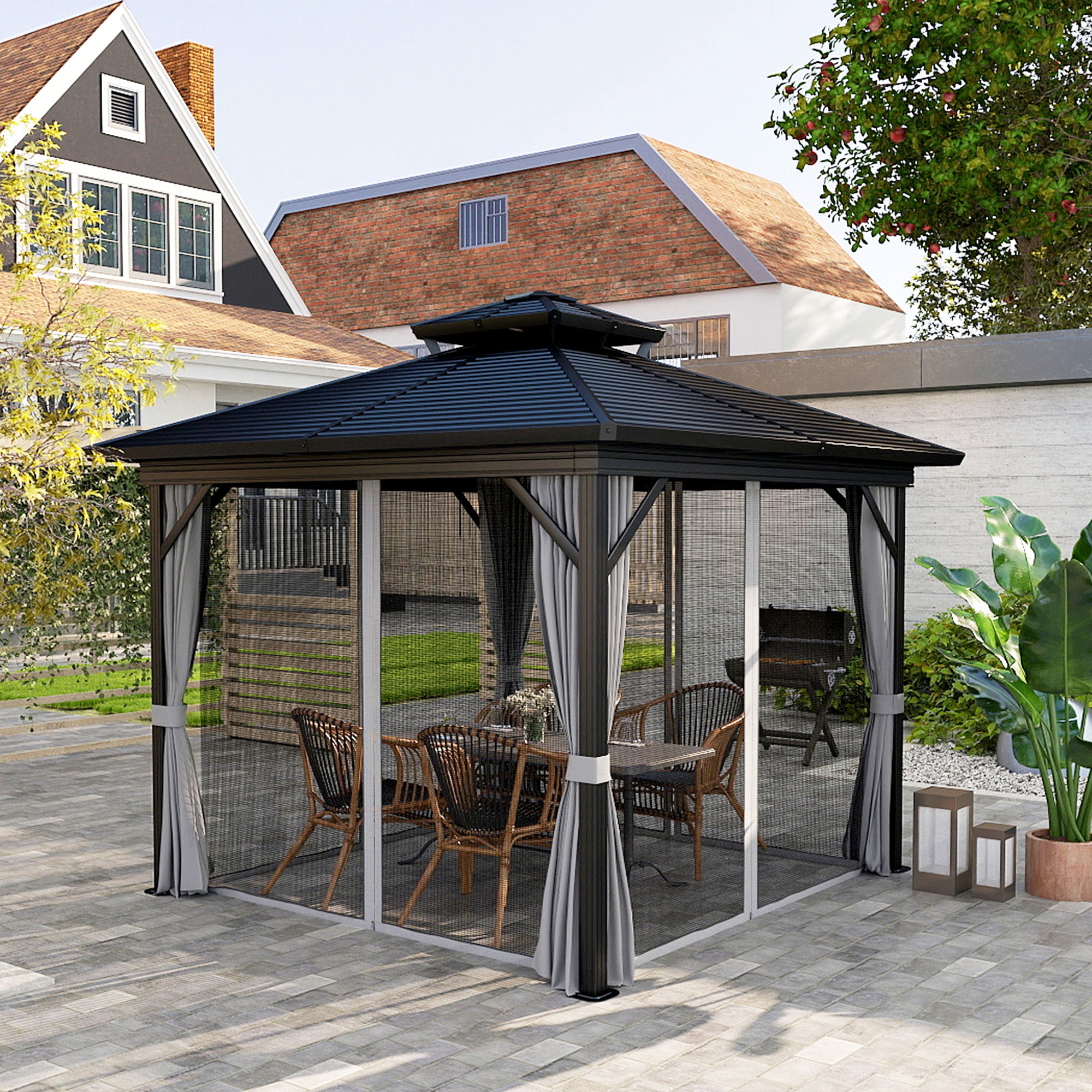 10' x 10' Hardtop Gazebo - Double Tier Metal Roof Light Grey-DECOROLALA