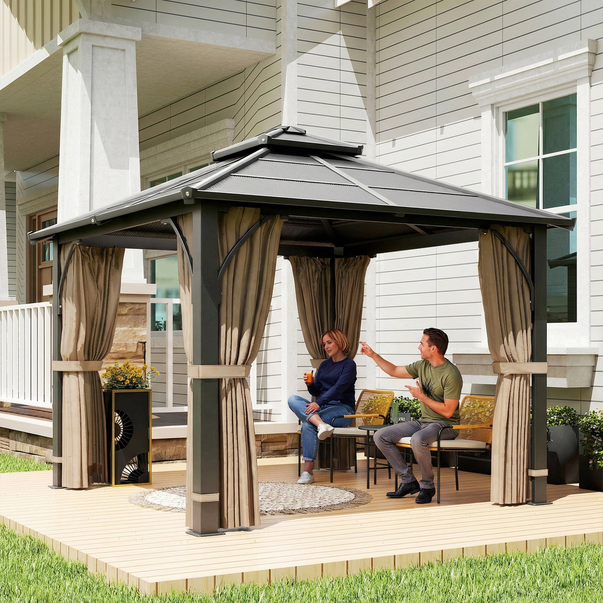10' x 10' Hardtop Gazebo Polycarbonate Khaki-DECOROLALA