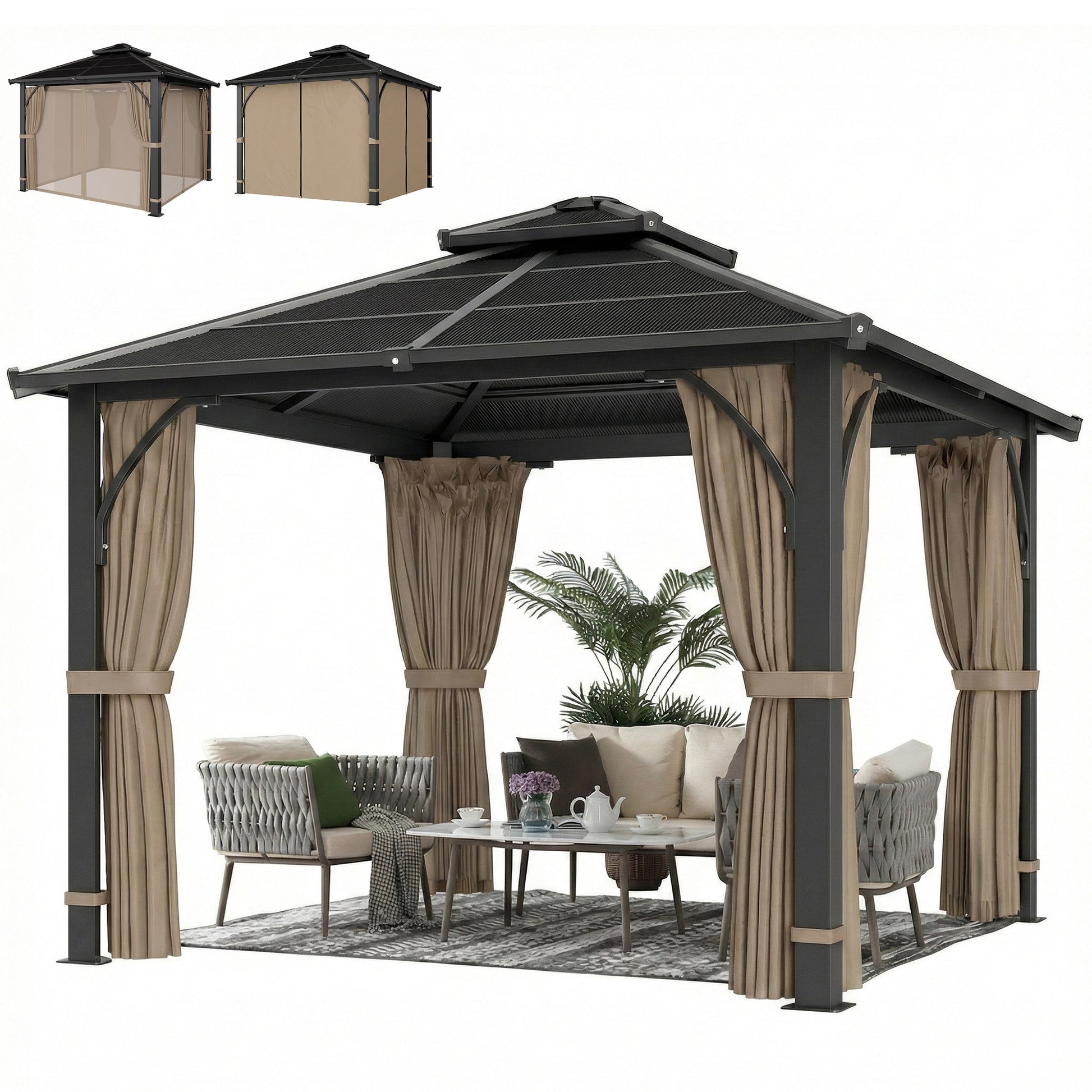 10' x 10' Hardtop Gazebo Polycarbonate Khaki-DECOROLALA
