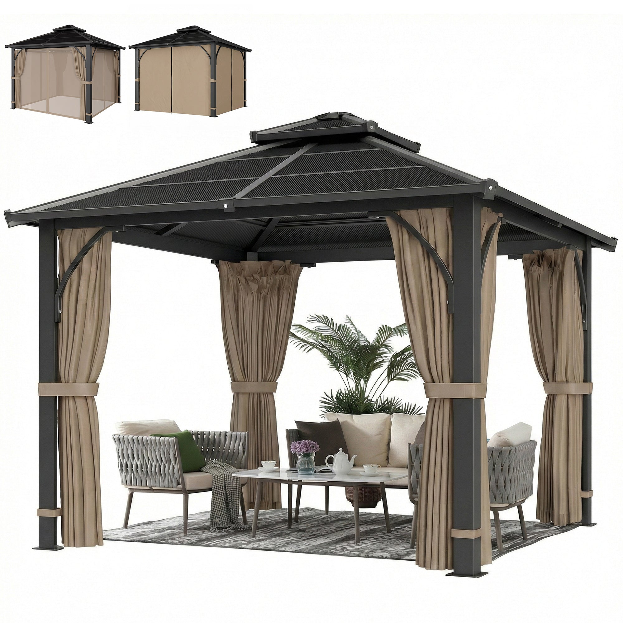 10' x 10' Hardtop Gazebo Polycarbonate Khaki-DECOROLALA