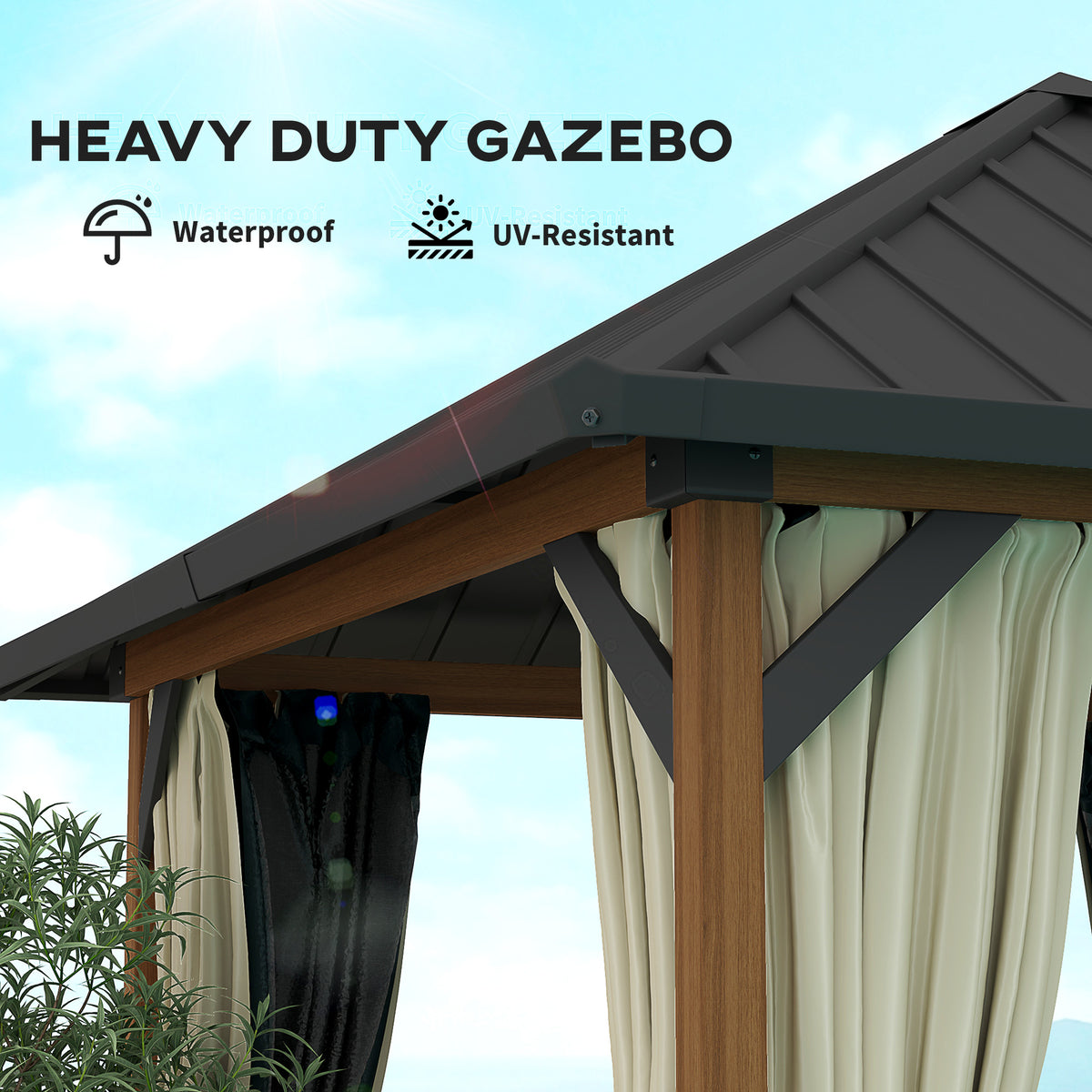 10' x 10' Hardtop Gazebo - Walnut Wood Grain Steel Roof-Gazebos-DECOROLALA