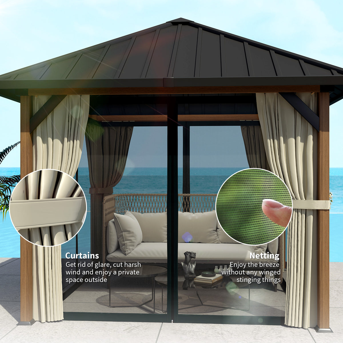 10' x 10' Hardtop Gazebo - Walnut Wood Grain Steel Roof-Gazebos-DECOROLALA