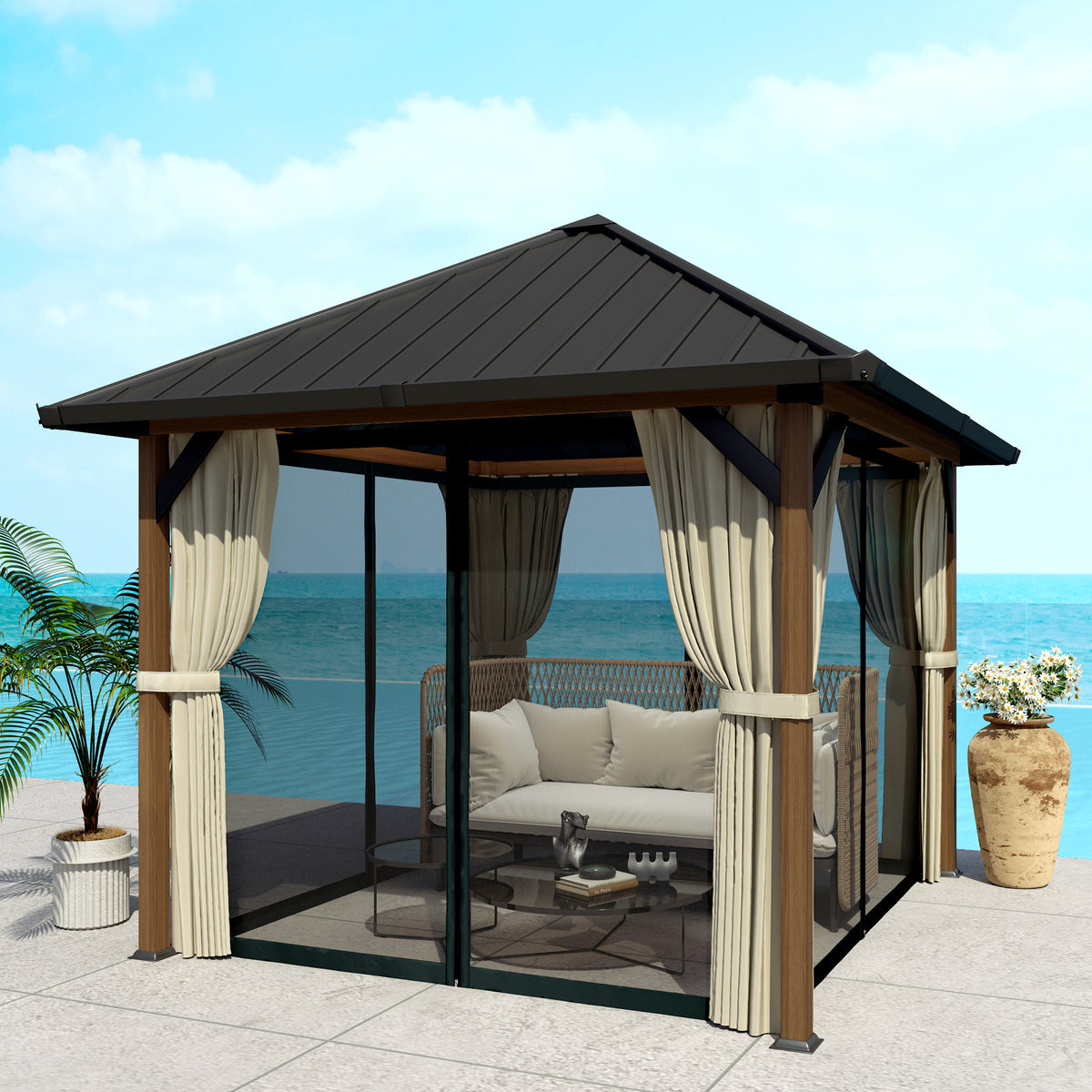 10' x 10' Hardtop Gazebo - Walnut Wood Grain Steel Roof-Gazebos-DECOROLALA