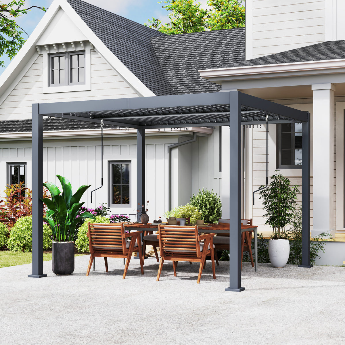10' x 10' Louvered Pergola - Dark Grey Aluminum Gazebo-Pergolas-DECOROLALA