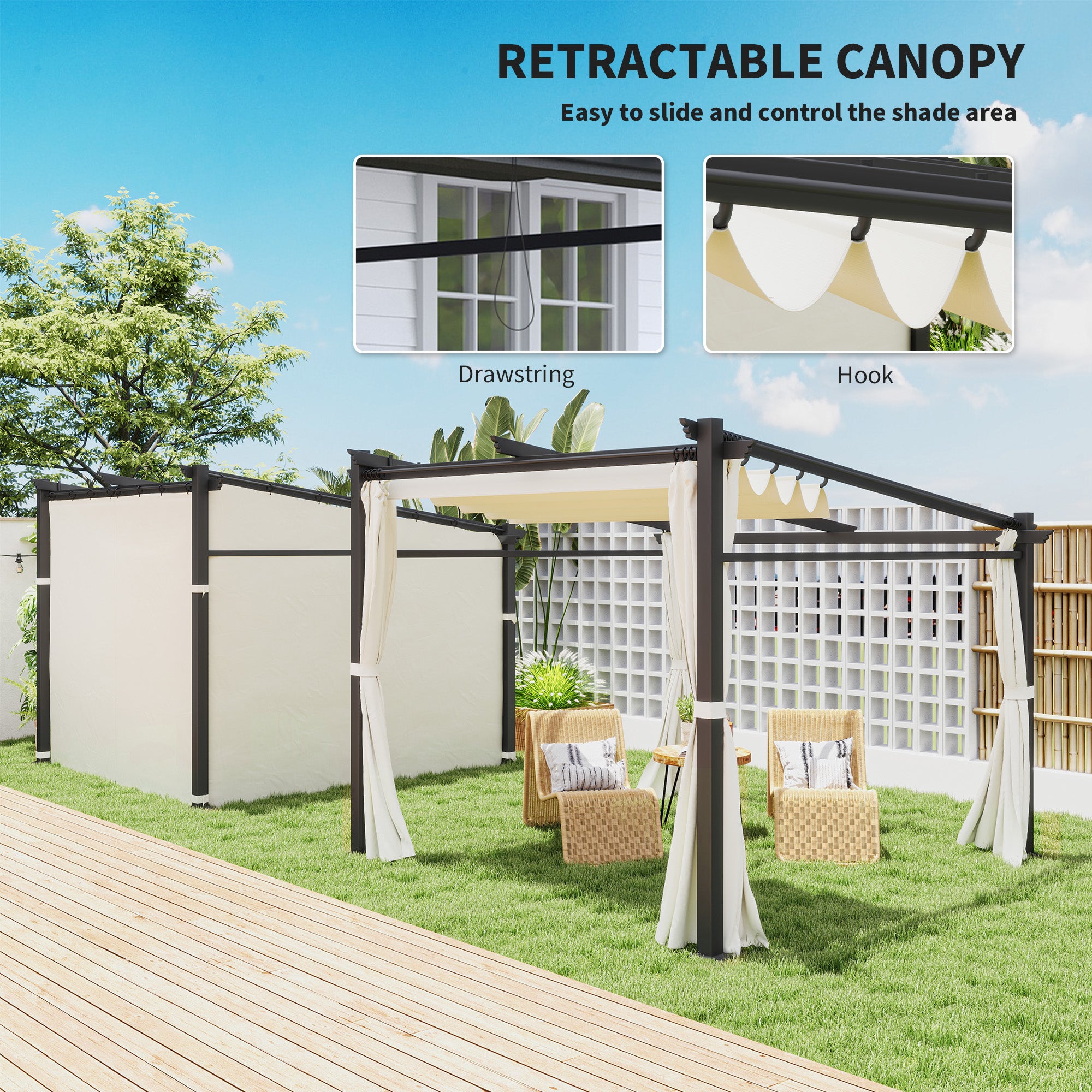 10' x 10' Metal Pergola with Retractable Canopy - Beige-DECOROLALA