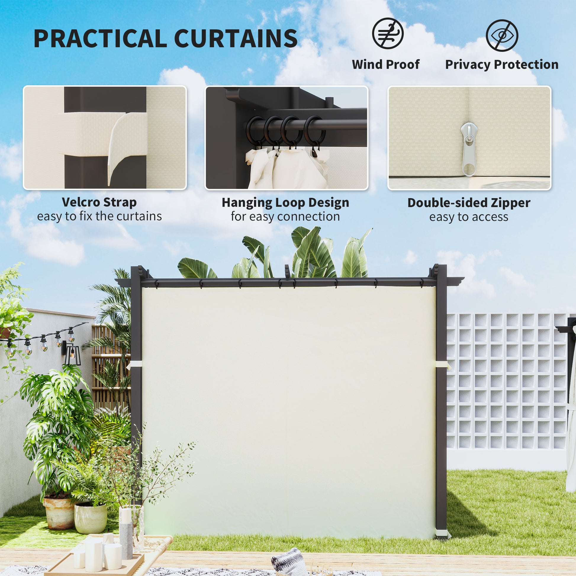 10' x 10' Metal Pergola with Retractable Canopy - Beige-DECOROLALA