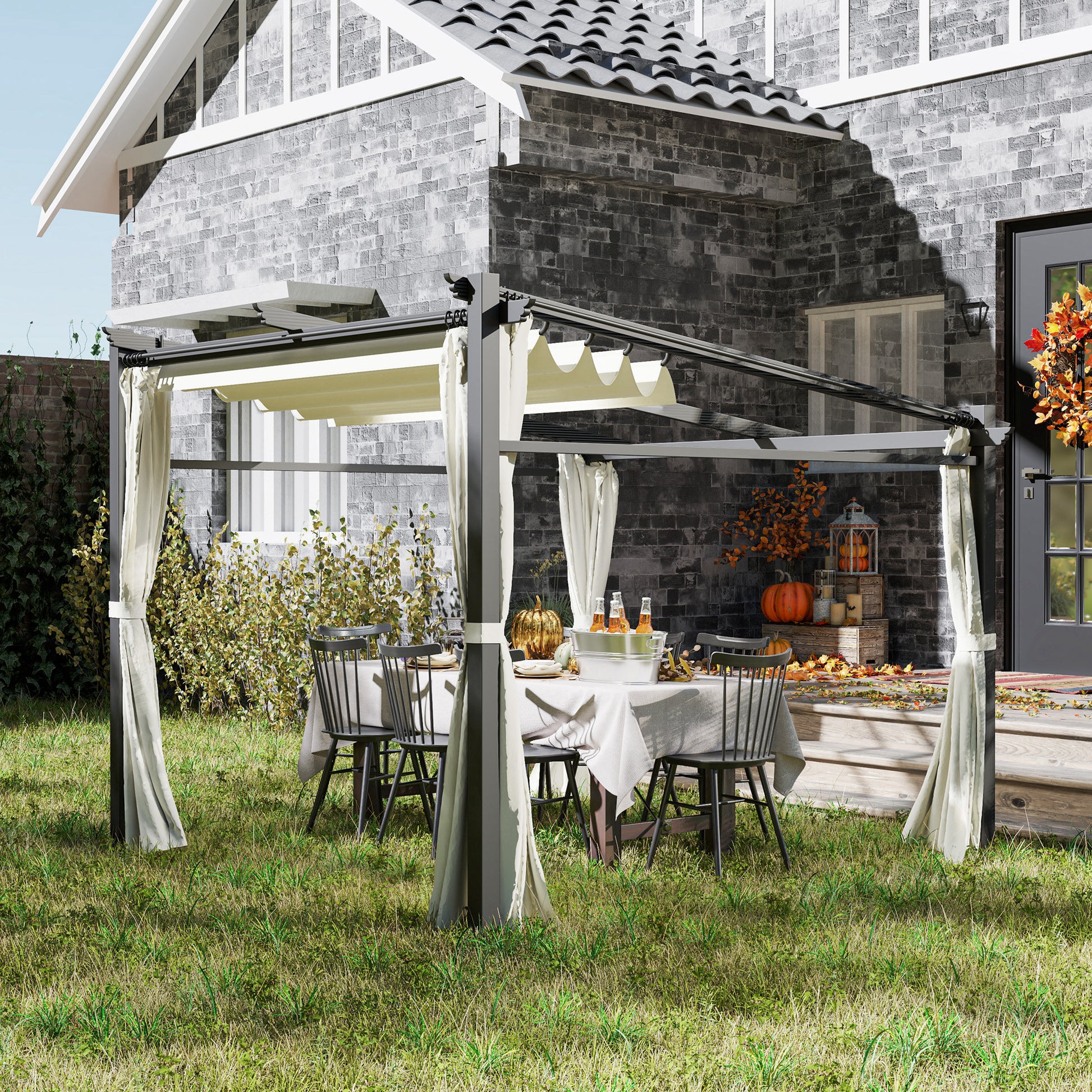 10' x 10' Metal Pergola with Retractable Canopy - Beige-DECOROLALA