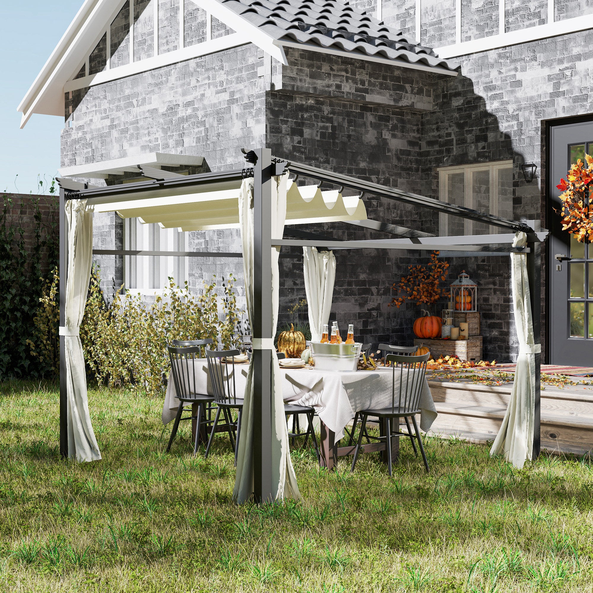 10' x 10' Metal Pergola with Retractable Canopy - Beige-DECOROLALA