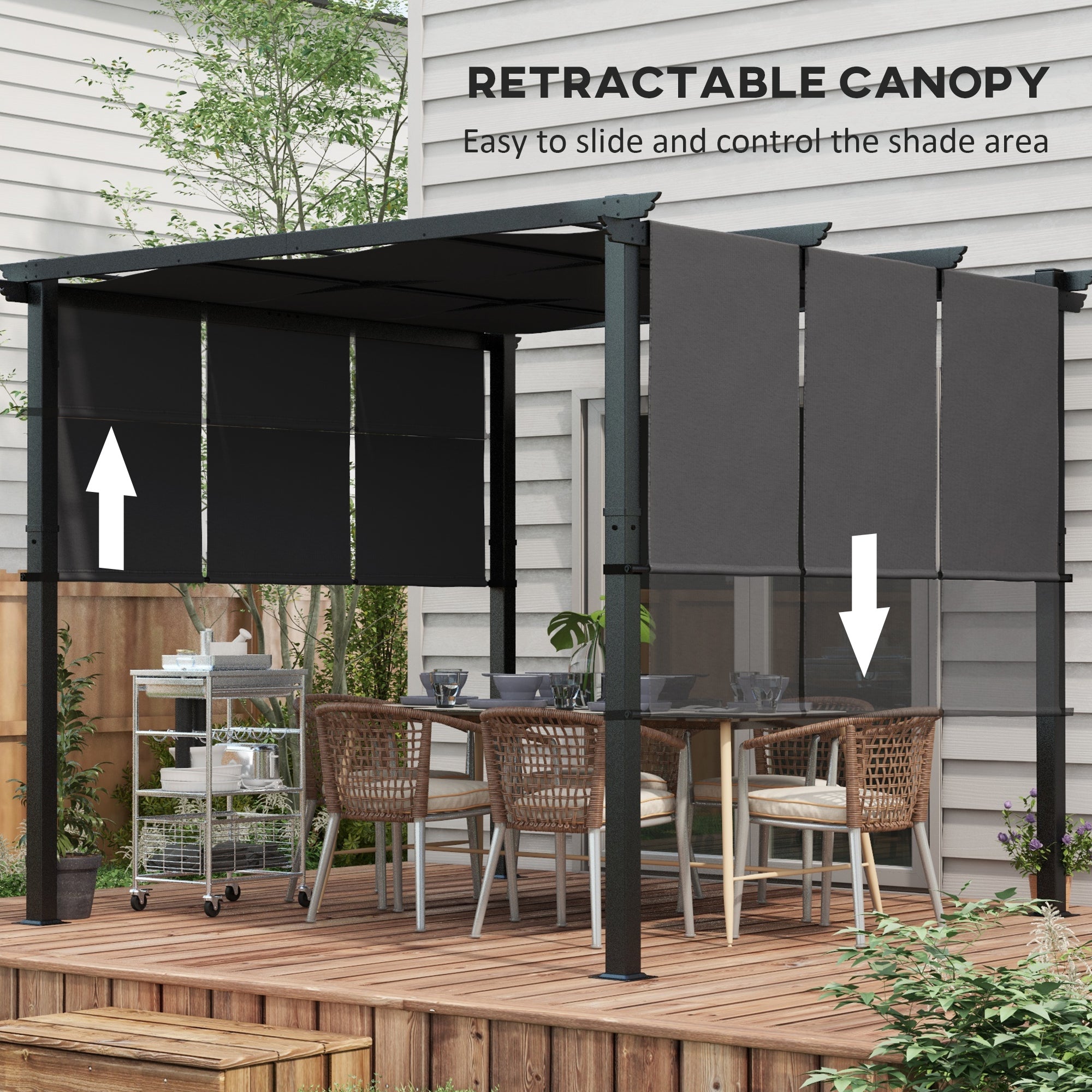 10' x 10' Metal Pergola with Retractable Canopy - Charcoal Grey-DECOROLALA