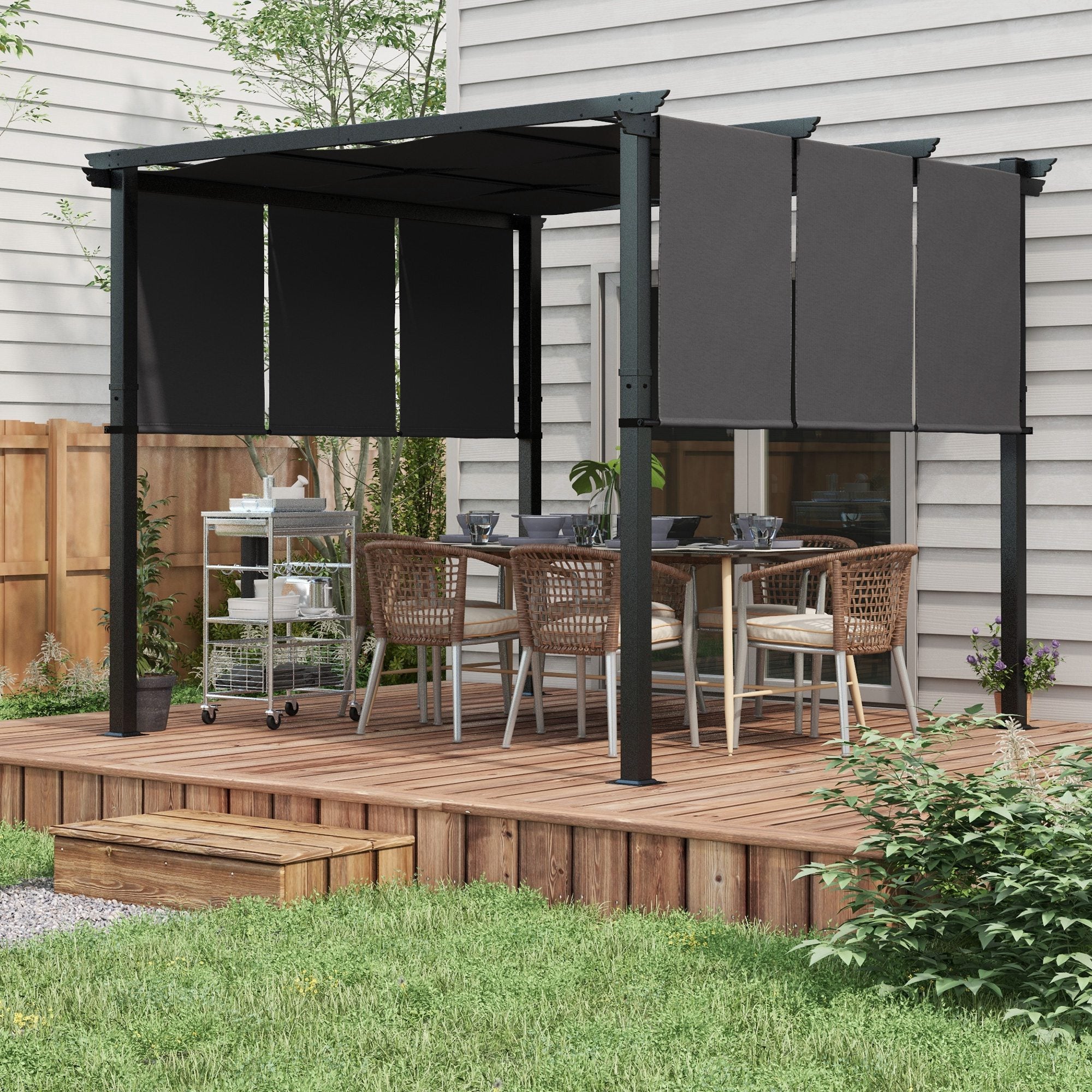 10' x 10' Metal Pergola with Retractable Canopy - Charcoal Grey-DECOROLALA