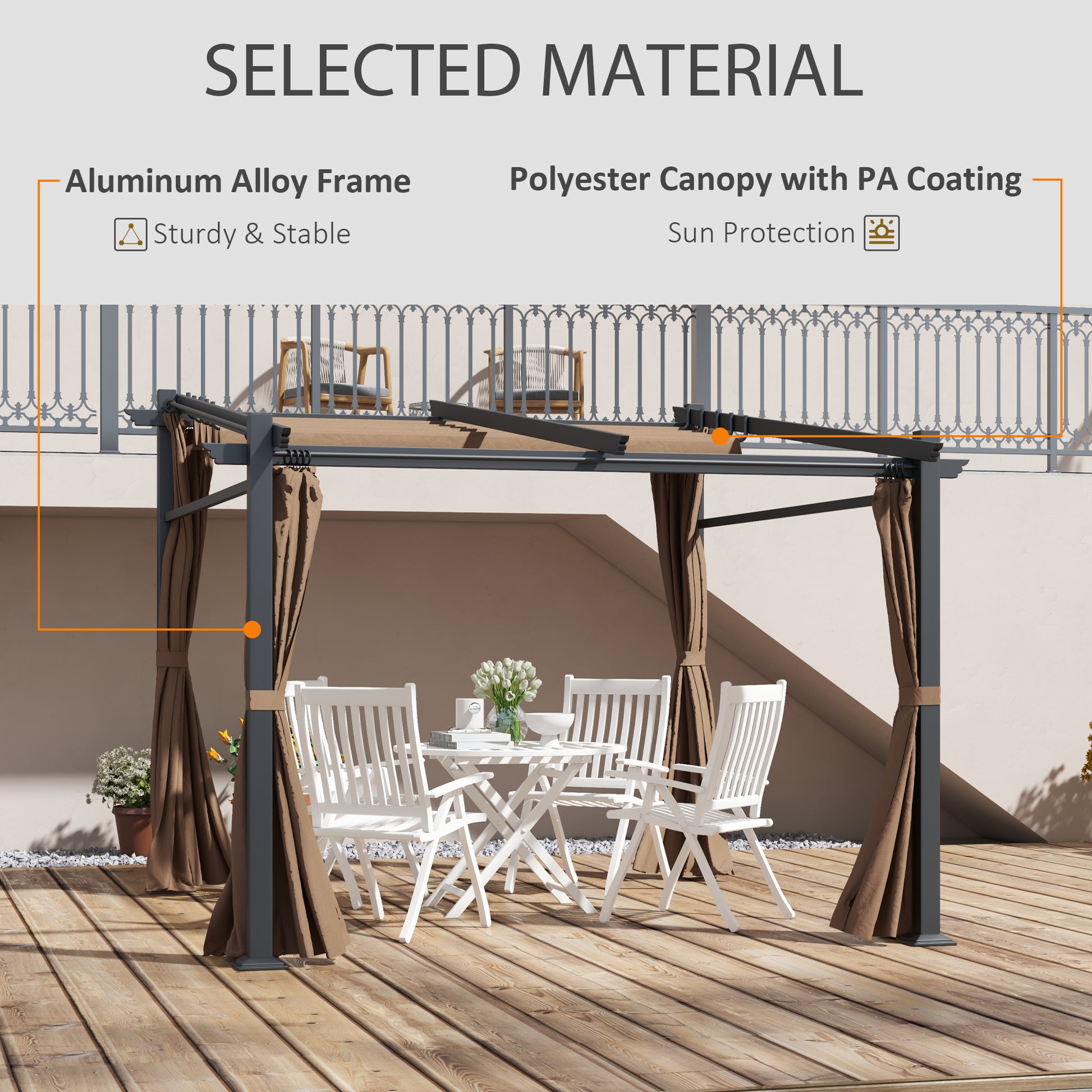 10' x 10' Metal Pergola with Retractable Canopy - Coffee-DECOROLALA