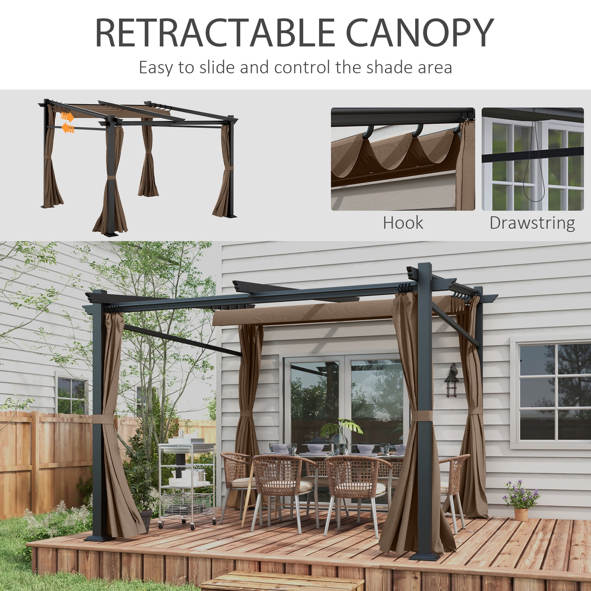 10' x 10' Metal Pergola with Retractable Canopy - Coffee-DECOROLALA