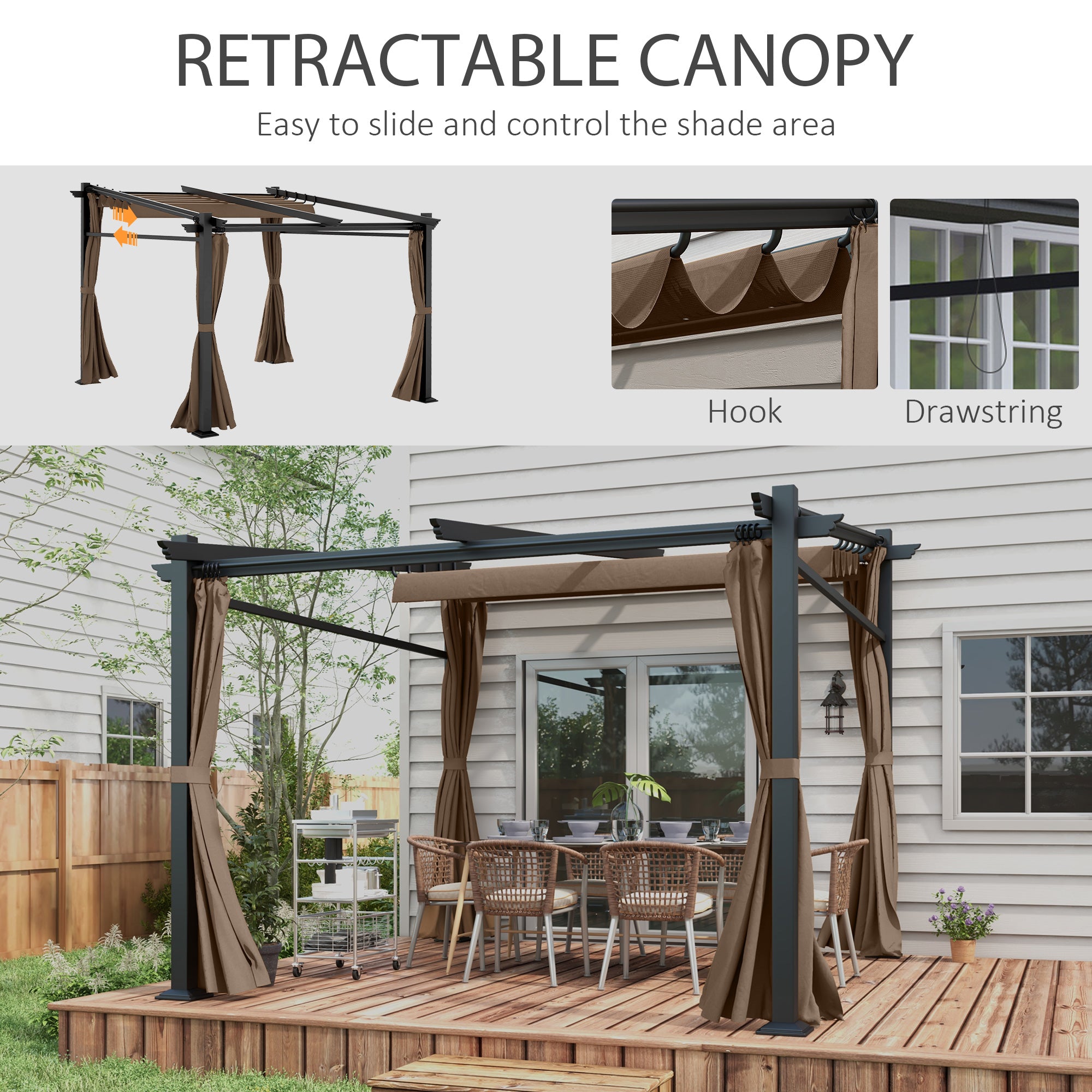 10' x 10' Metal Pergola with Retractable Canopy - Coffee-DECOROLALA