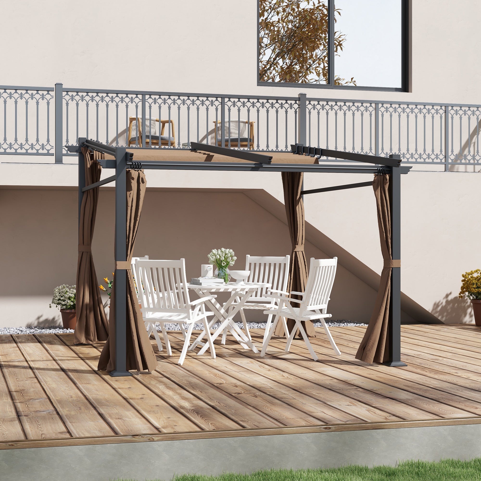 10' x 10' Metal Pergola with Retractable Canopy - Coffee-DECOROLALA
