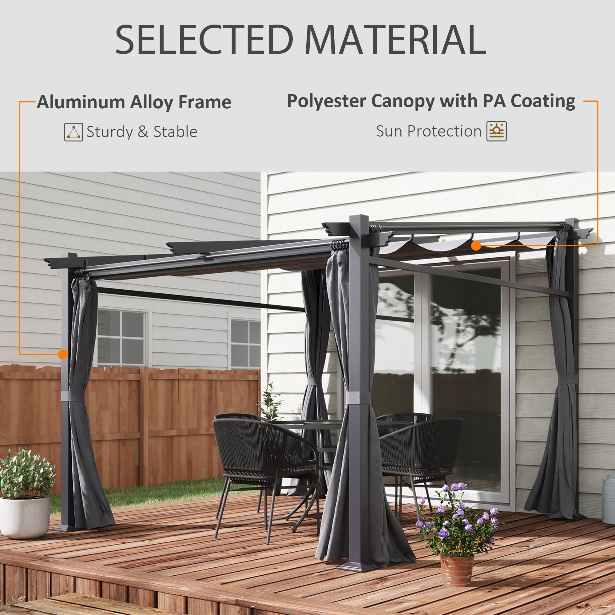 10' x 10' Metal Pergola with Retractable Canopy - Dark Grey-DECOROLALA