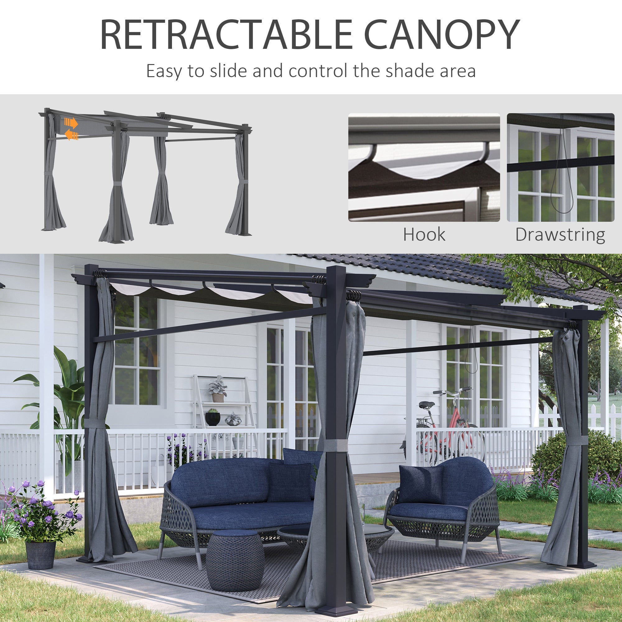 10' x 10' Metal Pergola with Retractable Canopy - Dark Grey-DECOROLALA