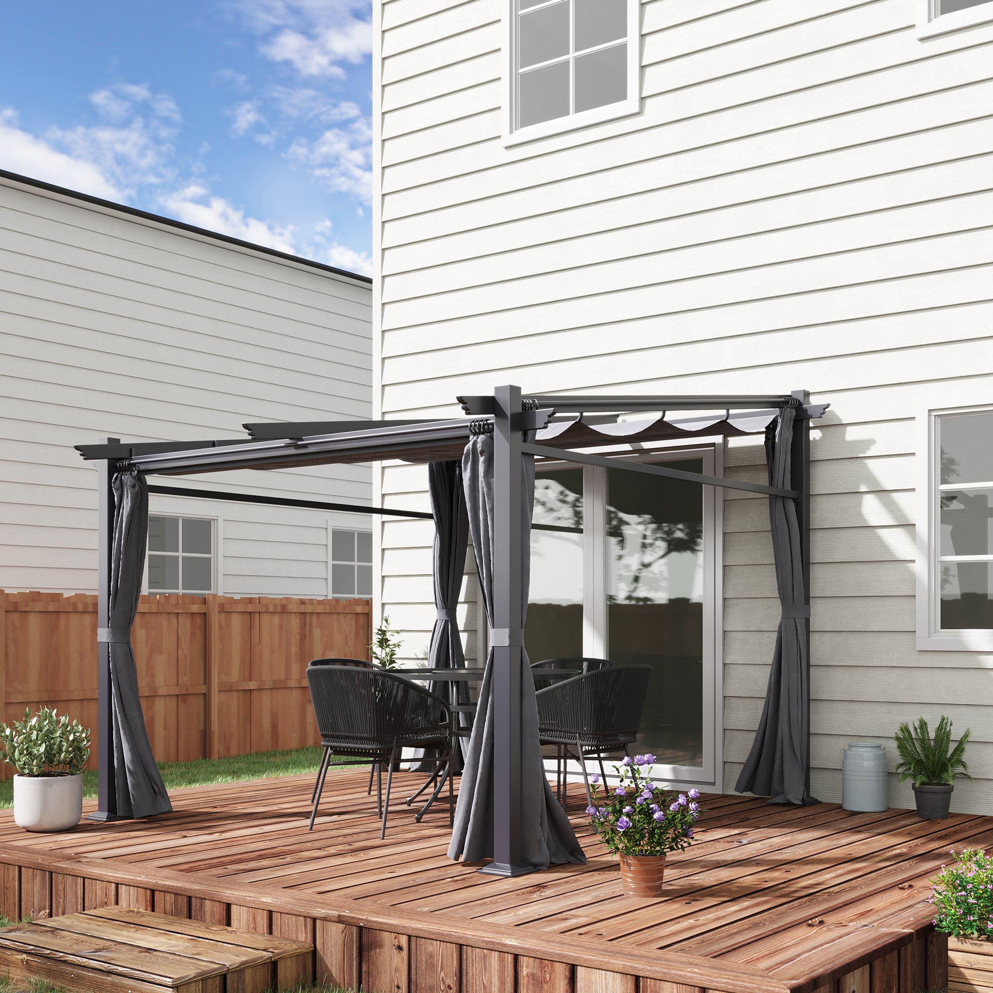 10' x 10' Metal Pergola with Retractable Canopy - Dark Grey-DECOROLALA