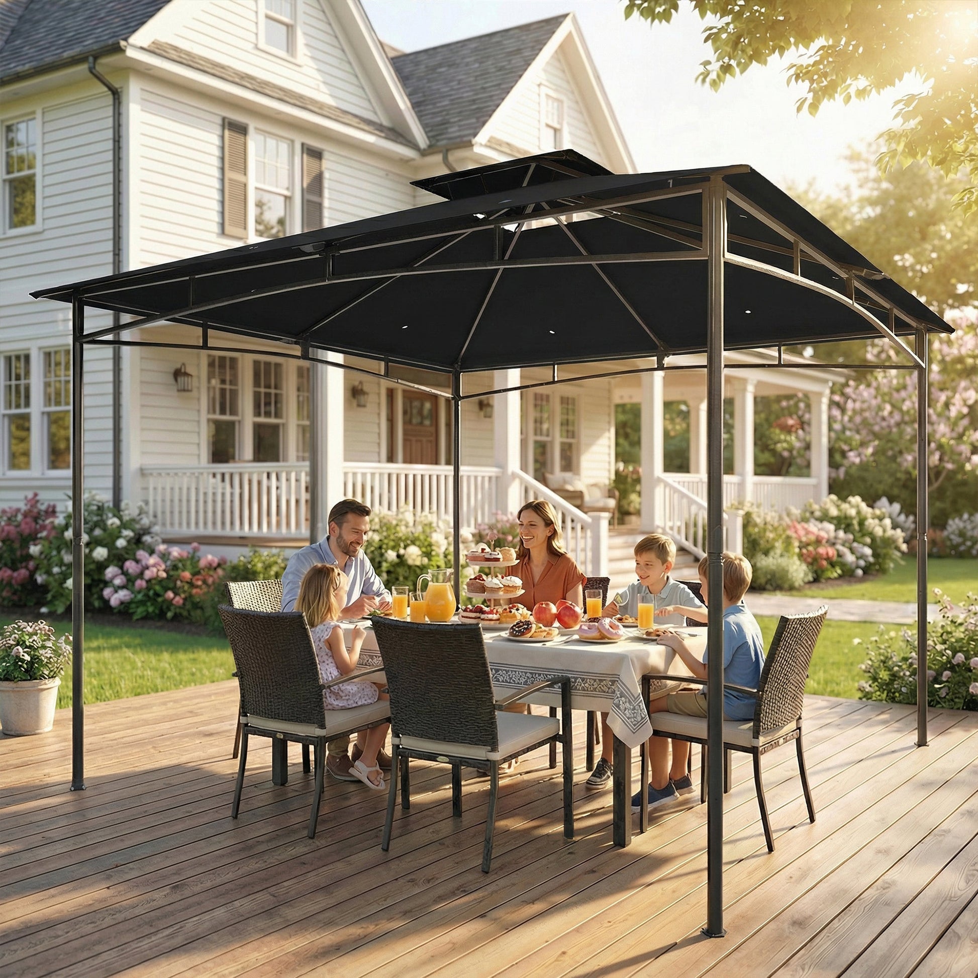 10' x 10' Outdoor Gazebo - 2-Tier Soft Top Metal Frame Black-DECOROLALA