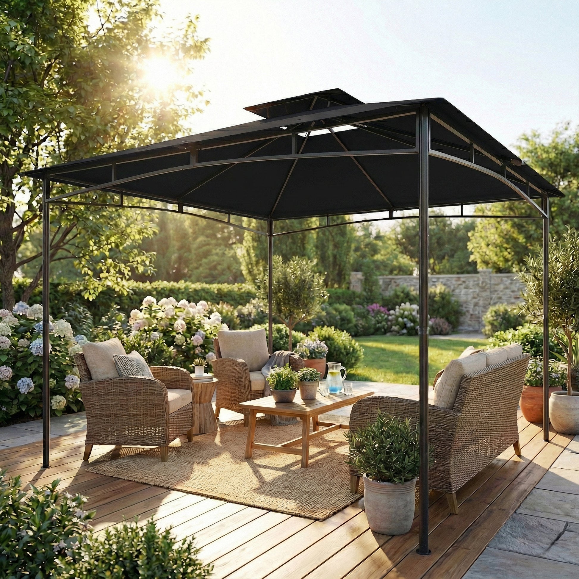 10' x 10' Outdoor Gazebo - 2-Tier Soft Top Metal Frame Black-DECOROLALA