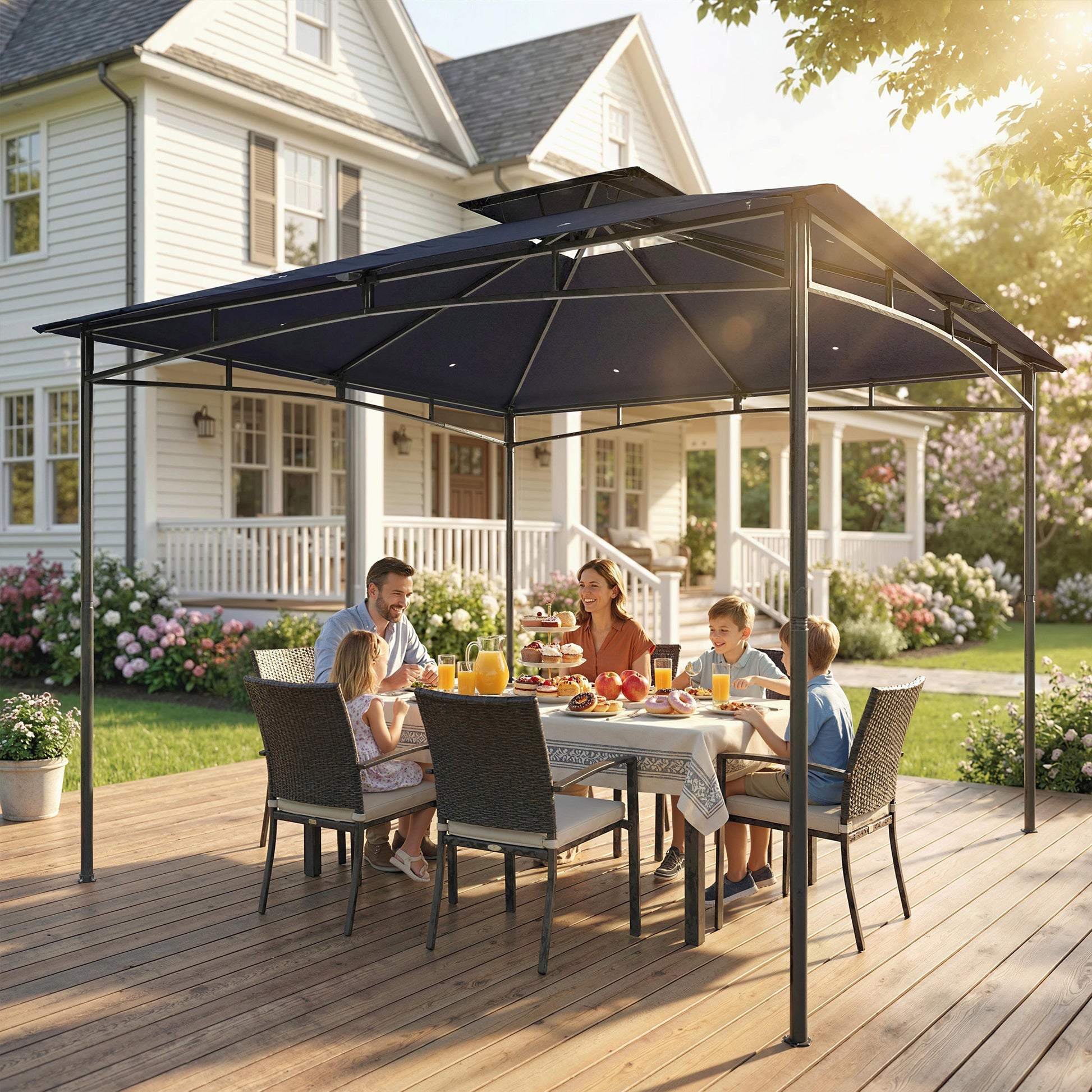 10' x 10' Outdoor Gazebo - 2-Tier Soft Top Metal Frame Navy Blue-DECOROLALA