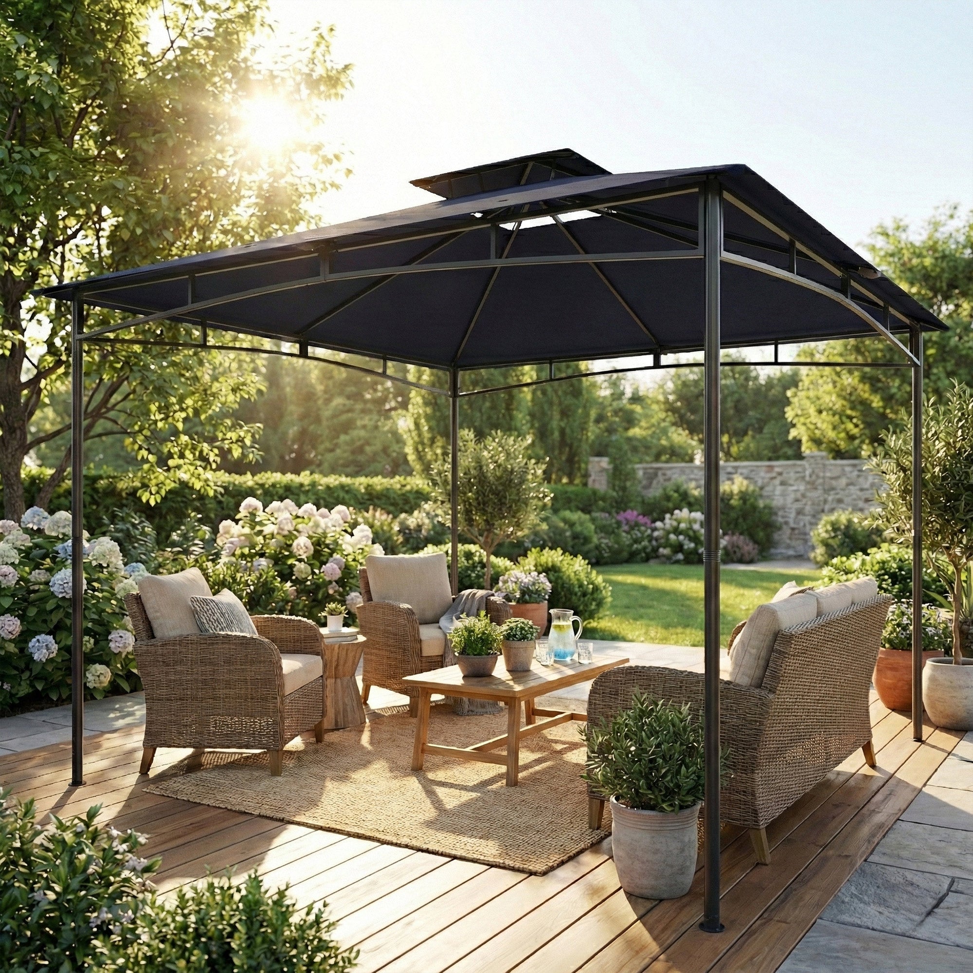 10' x 10' Outdoor Gazebo - 2-Tier Soft Top Metal Frame Navy Blue-DECOROLALA