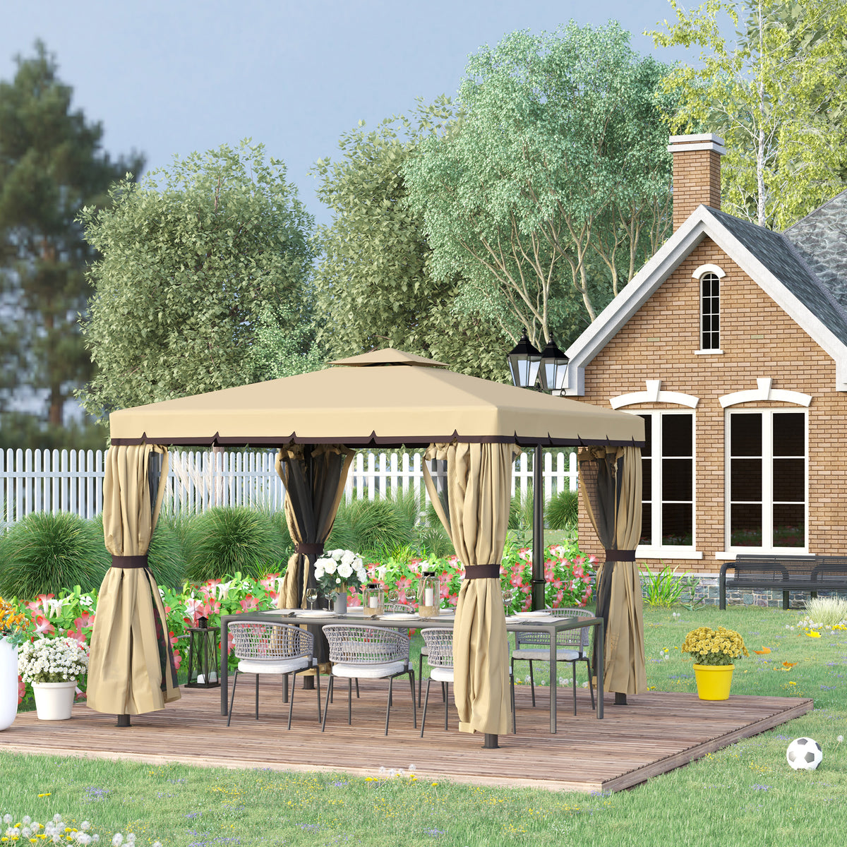 10' x 10' Outdoor Gazebo - Beige 2-Tier Mesh-Gazebos-DECOROLALA