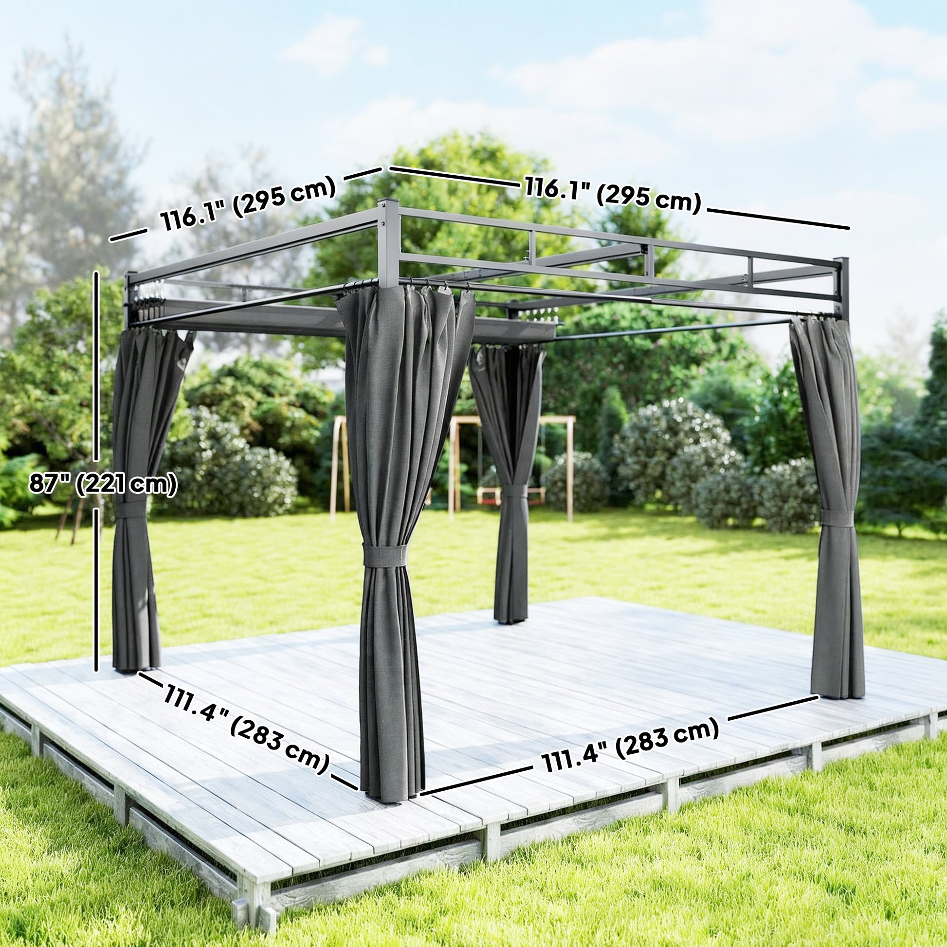 10' x 10' Outdoor Metal Pergola with Retractable Canopy - Grey-DECOROLALA