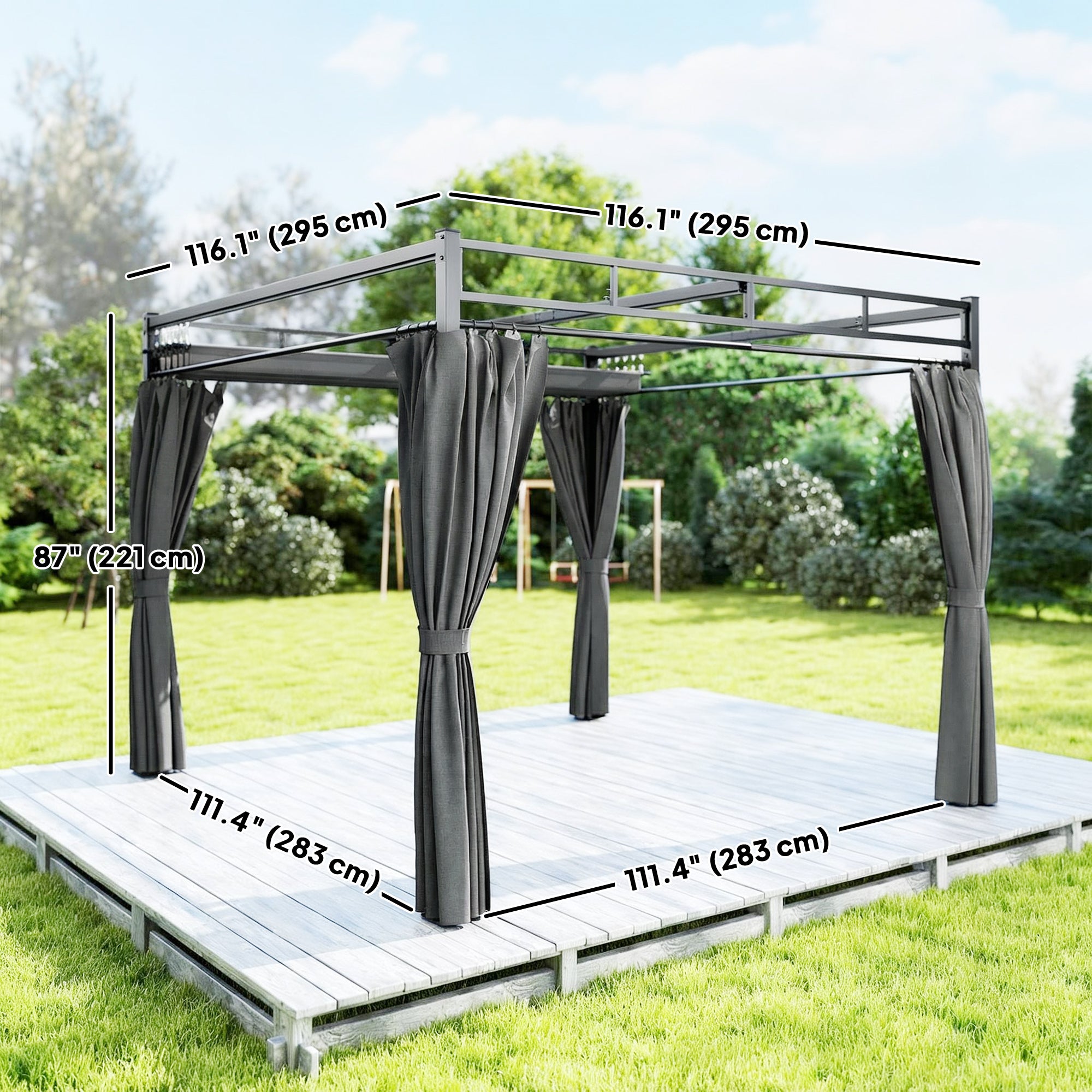 10' x 10' Outdoor Metal Pergola with Retractable Canopy - Grey-DECOROLALA