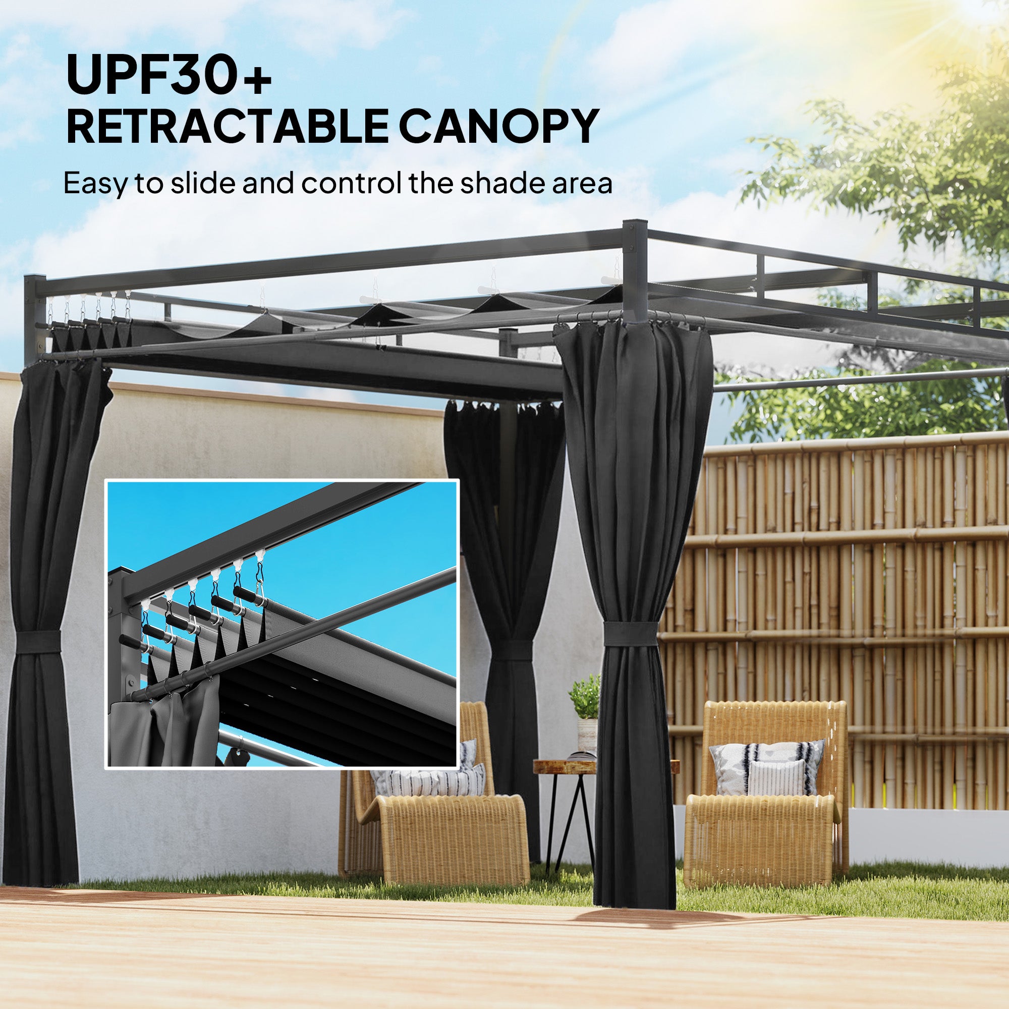 10' x 10' Outdoor Metal Pergola with Retractable Canopy - Grey-DECOROLALA