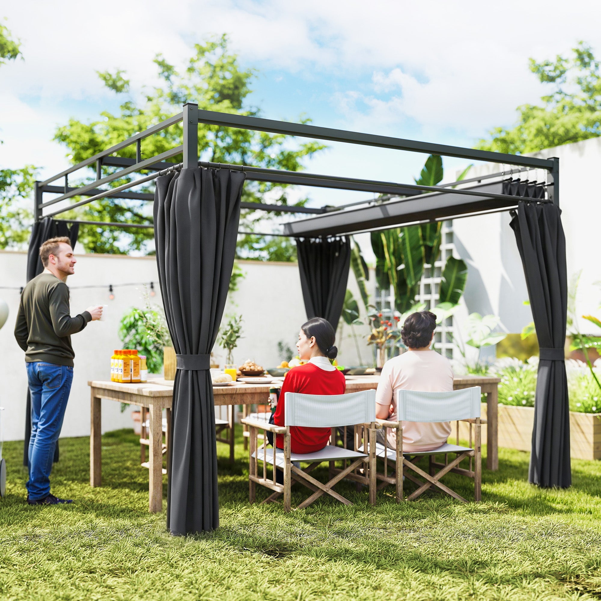 10' x 10' Outdoor Metal Pergola with Retractable Canopy - Grey-DECOROLALA
