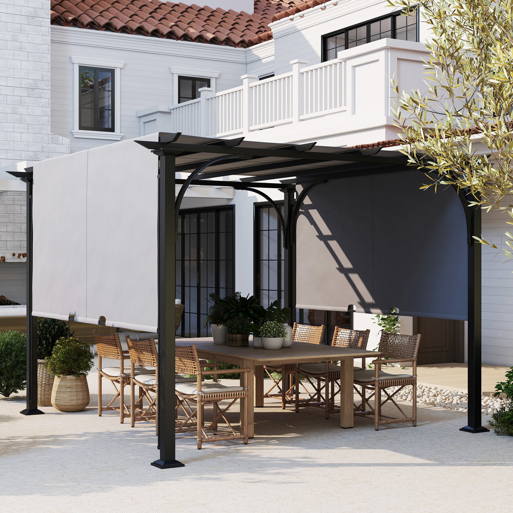 10' x 10' Outdoor Pergola Gazebo with Sliding Canopy - Grey-DECOROLALA