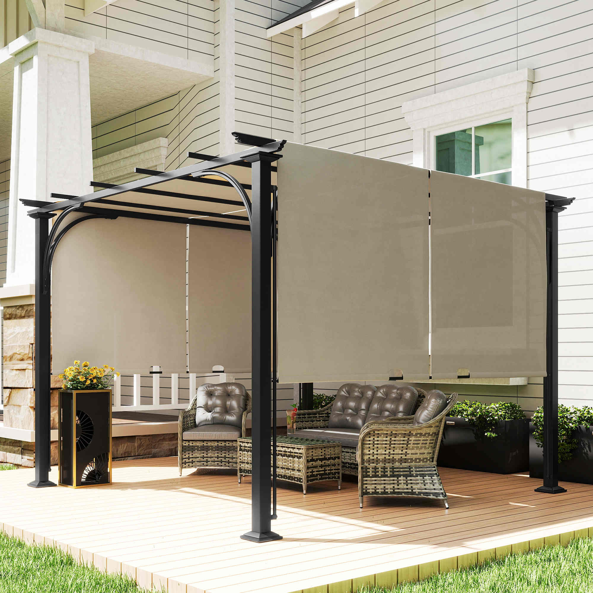 10' x 10' Patio Gazebo Sun Shelter, Steel Frame, Beige-DECOROLALA
