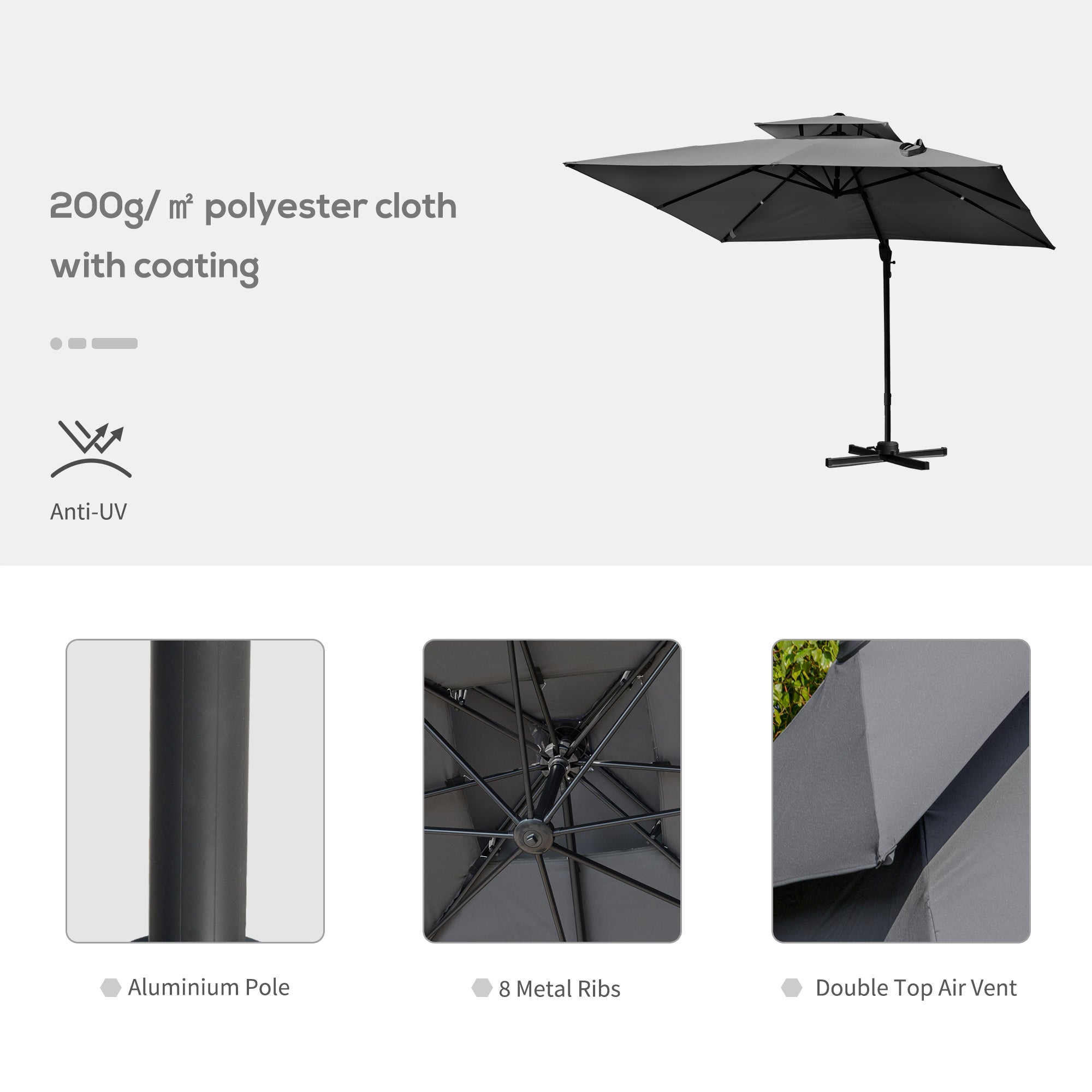 10' x 10' Patio Umbrella, Charcoal Grey, 360¡ Rotation, 5 Tilt Angles-DECOROLALA