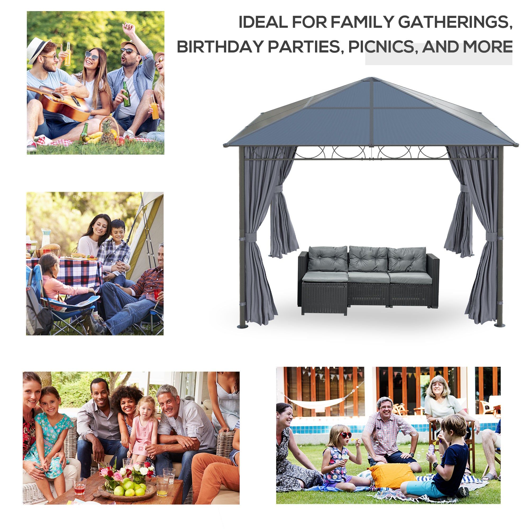 10' x 10' Polycarbonate Gazebo - Dark Grey Aluminum-DECOROLALA