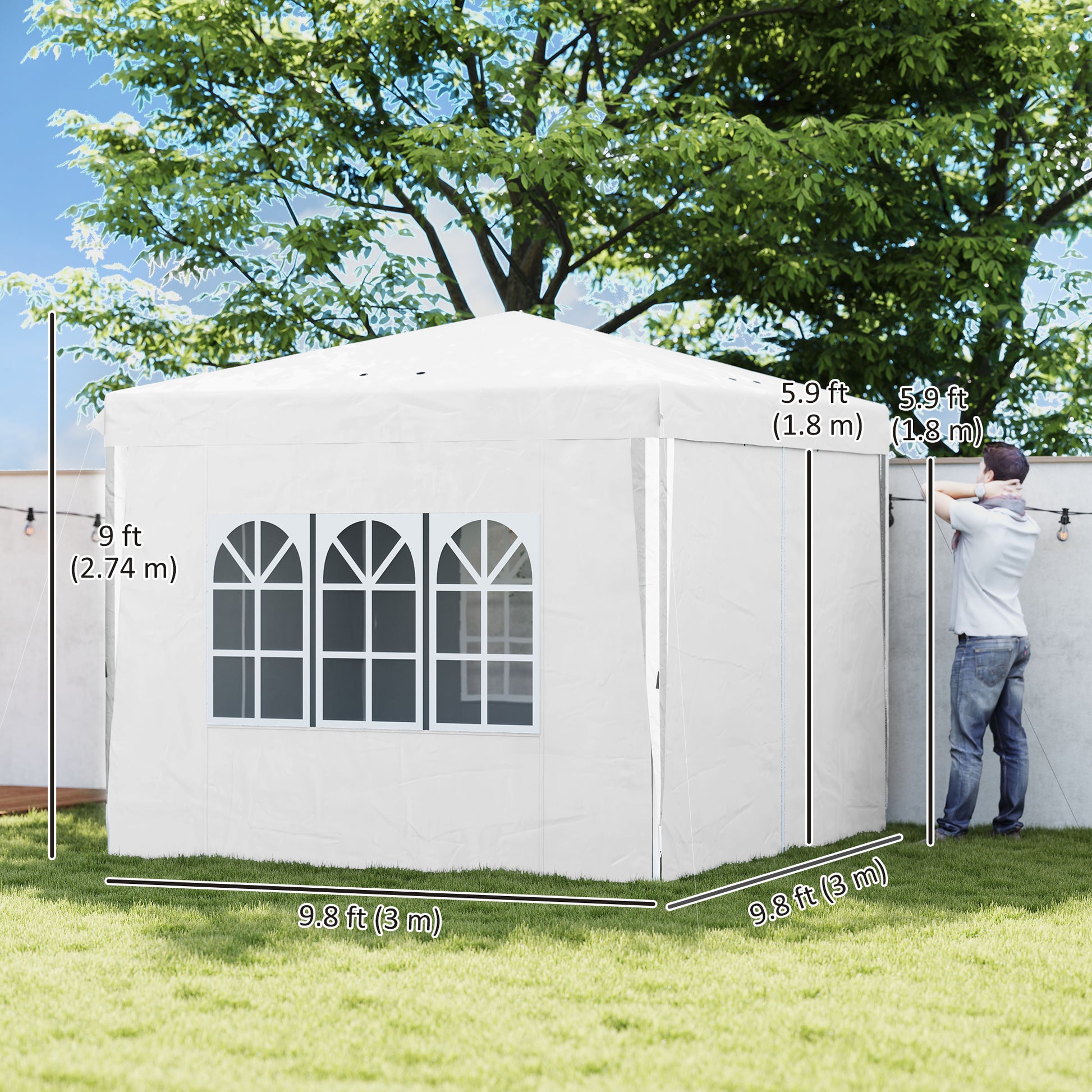 10' x 10' Pop-Up Canopy Tent with Sidewalls - White-DECOROLALA
