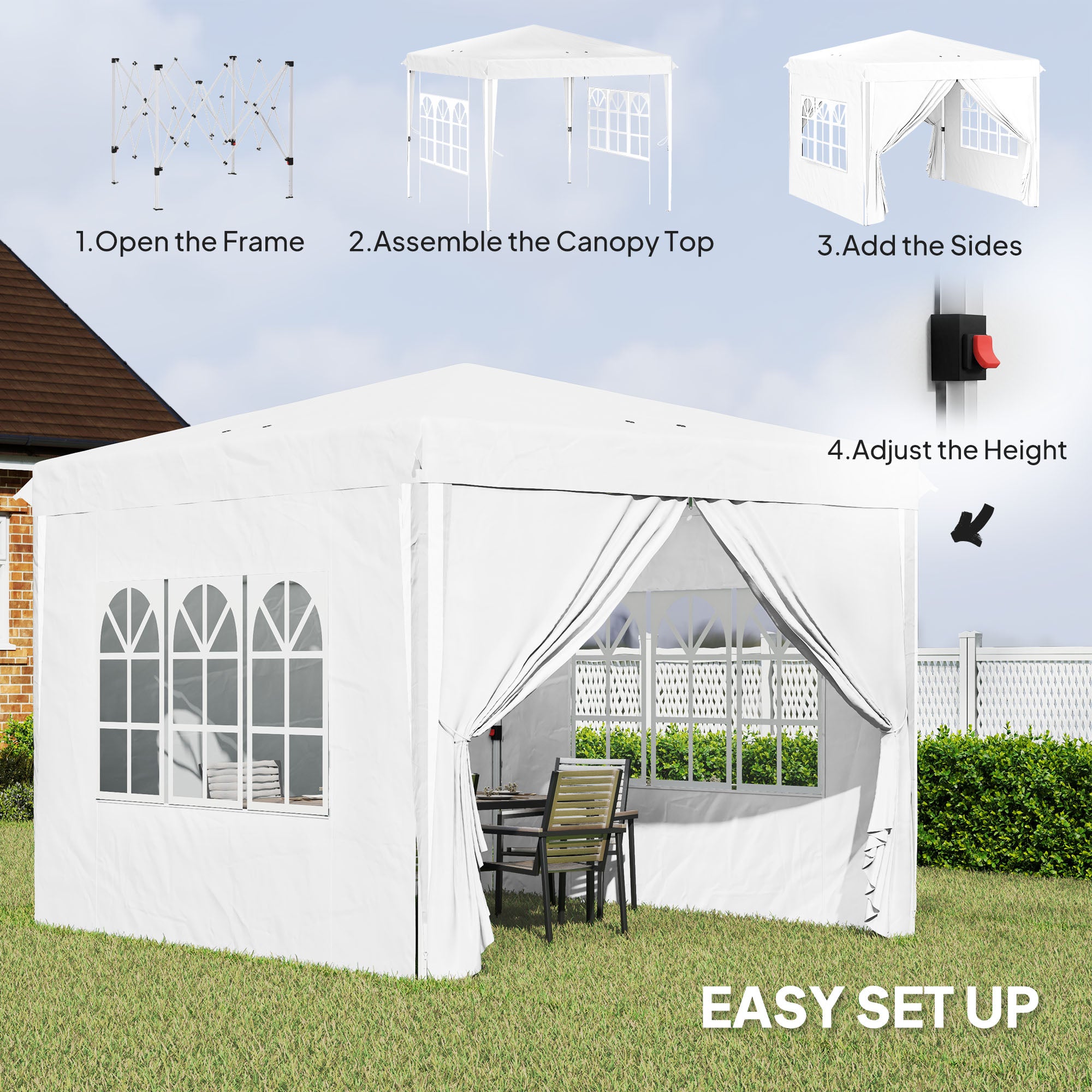 10' x 10' Pop-Up Canopy Tent with Sidewalls - White-DECOROLALA