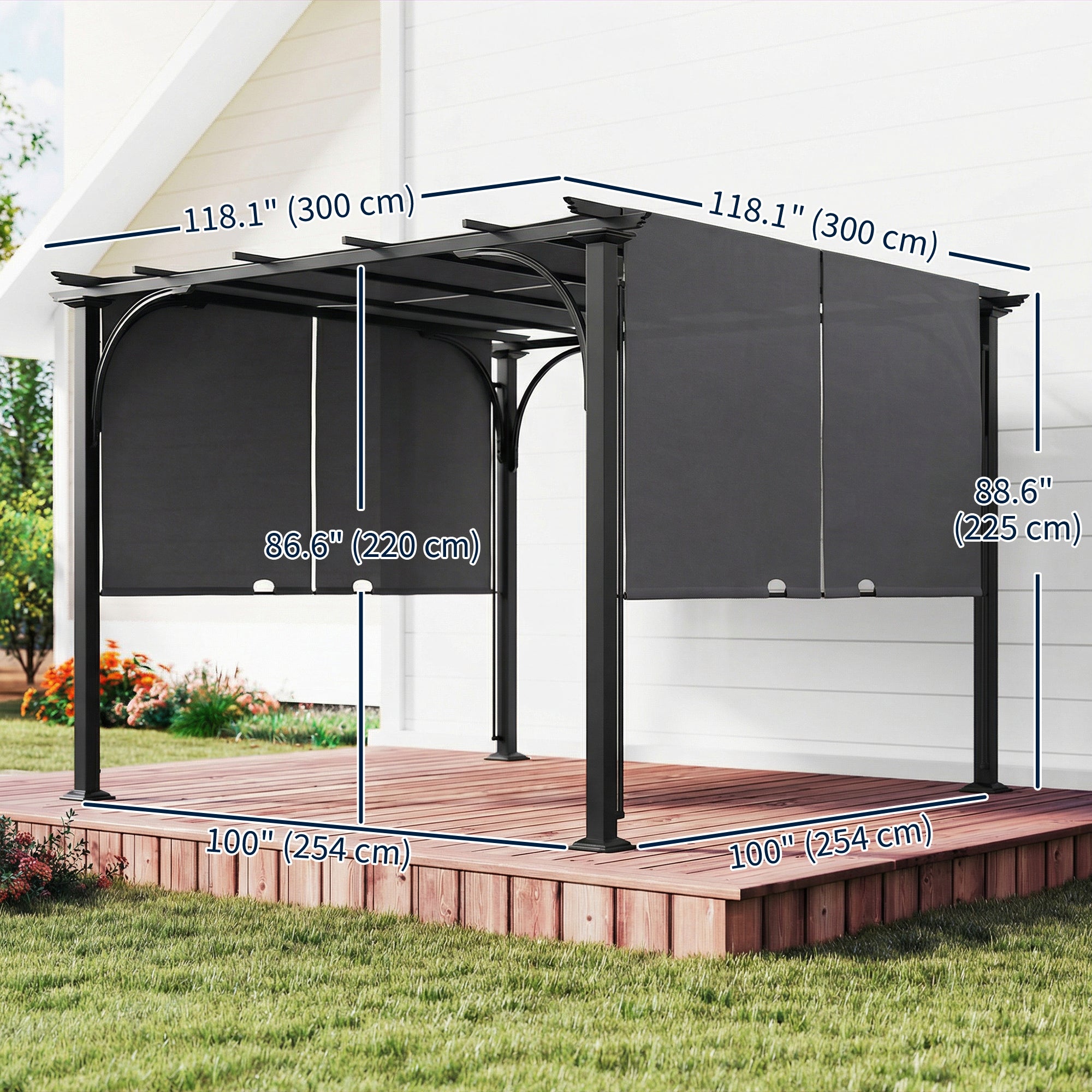10' x 10' Retractable Pergola Canopy - Dark Grey Steel-DECOROLALA