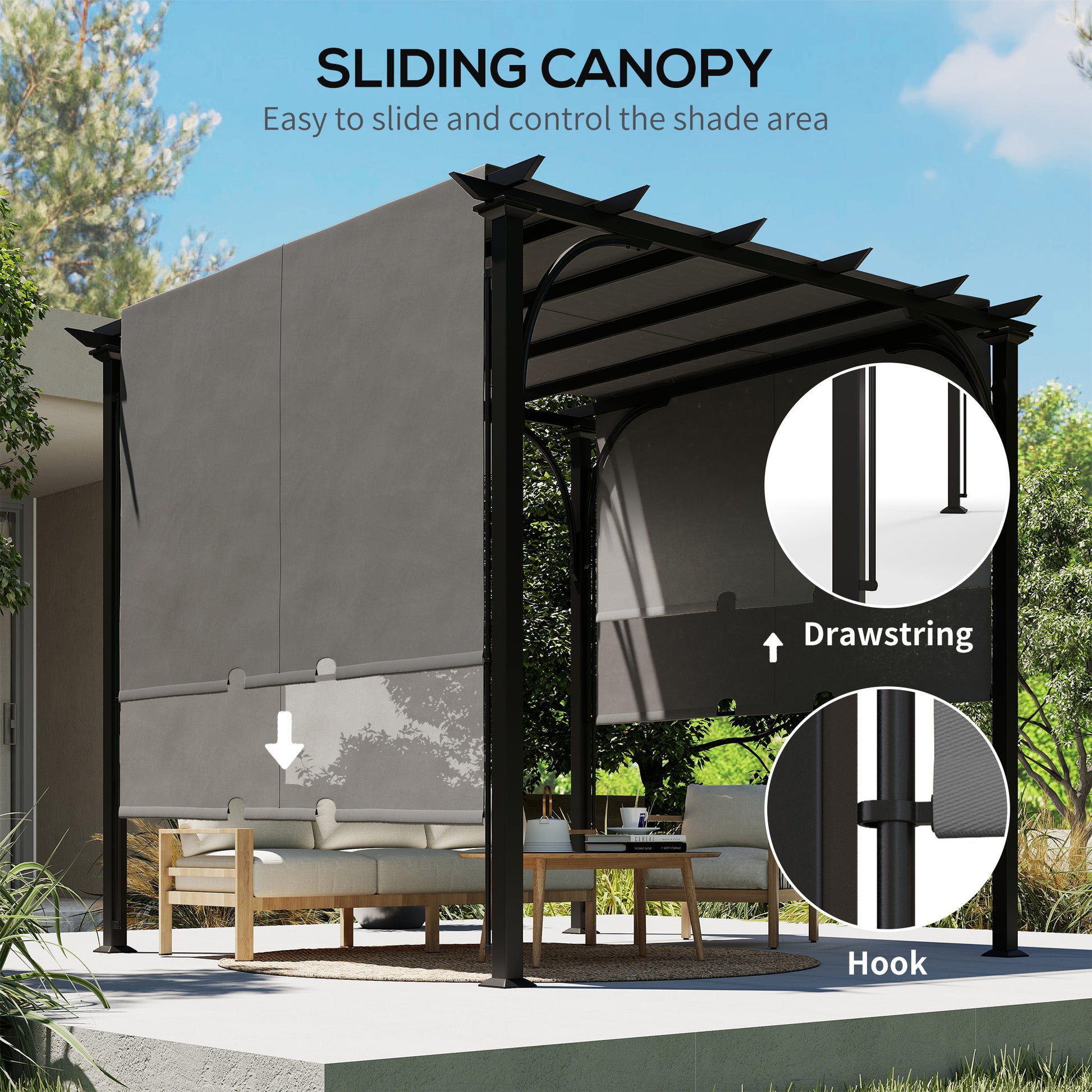 10' x 10' Retractable Pergola Canopy - Dark Grey Steel-DECOROLALA