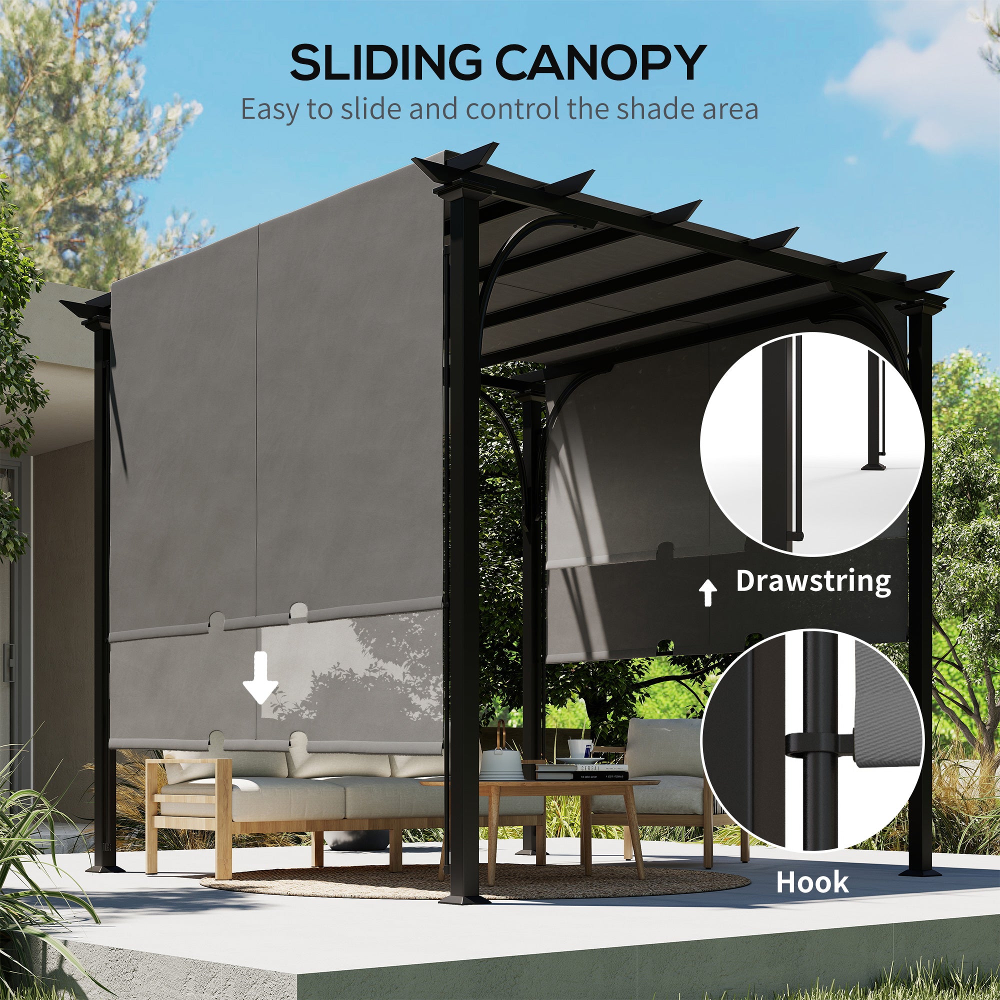 10' x 10' Retractable Pergola Canopy - Dark Grey Steel-DECOROLALA